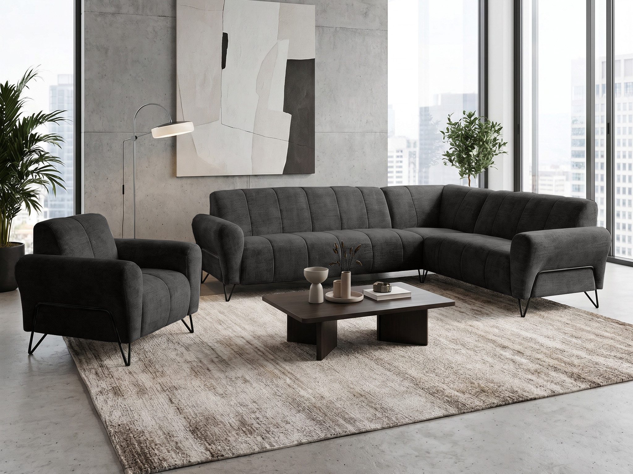 Beautysofa Polstergarnitur im modernen Stil auf hohen Metallbeinen VOLARE, (Sofagarnitur aus Chenille-Stoff, Beige Grau, Ecksofa L + Sessel Set moderne Couchgarnitur), HR-Schaum, Wellenfederung, freistehend