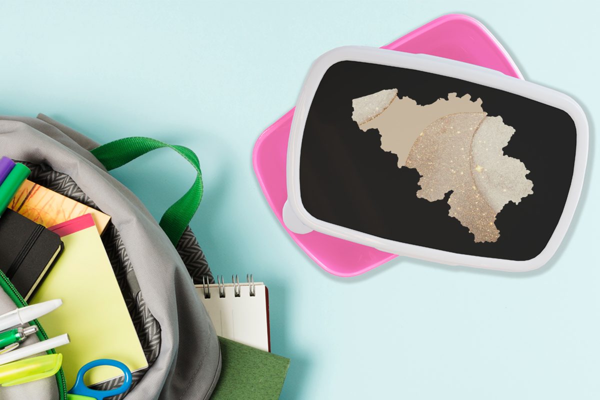 Brotbox Erwachsene, Snackbox, MuchoWow Brotdose Glitter, Lunchbox - Kunststoff für Belgien Kinder, Mädchen, Karte (2-tlg), rosa - Kunststoff,