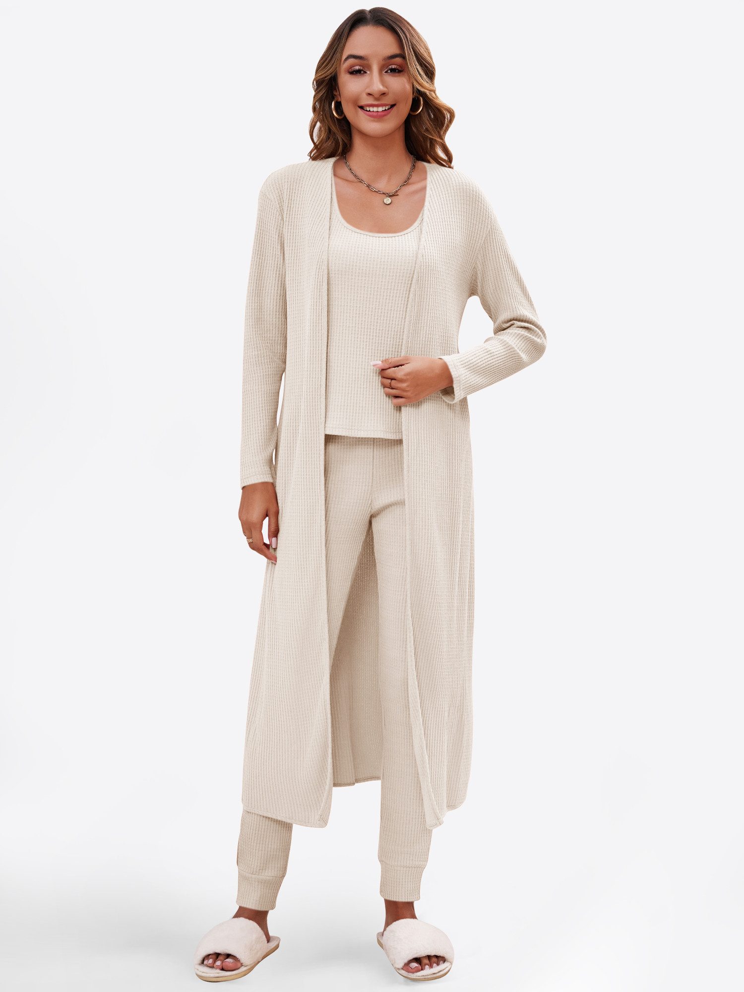 Imily Bela Hausanzug 3-teiliger Damen-Pyjama (Set, 3 tlg., Strickweste + Strickhose + Strickjacke) mit Baumwolle, Waffelstrick