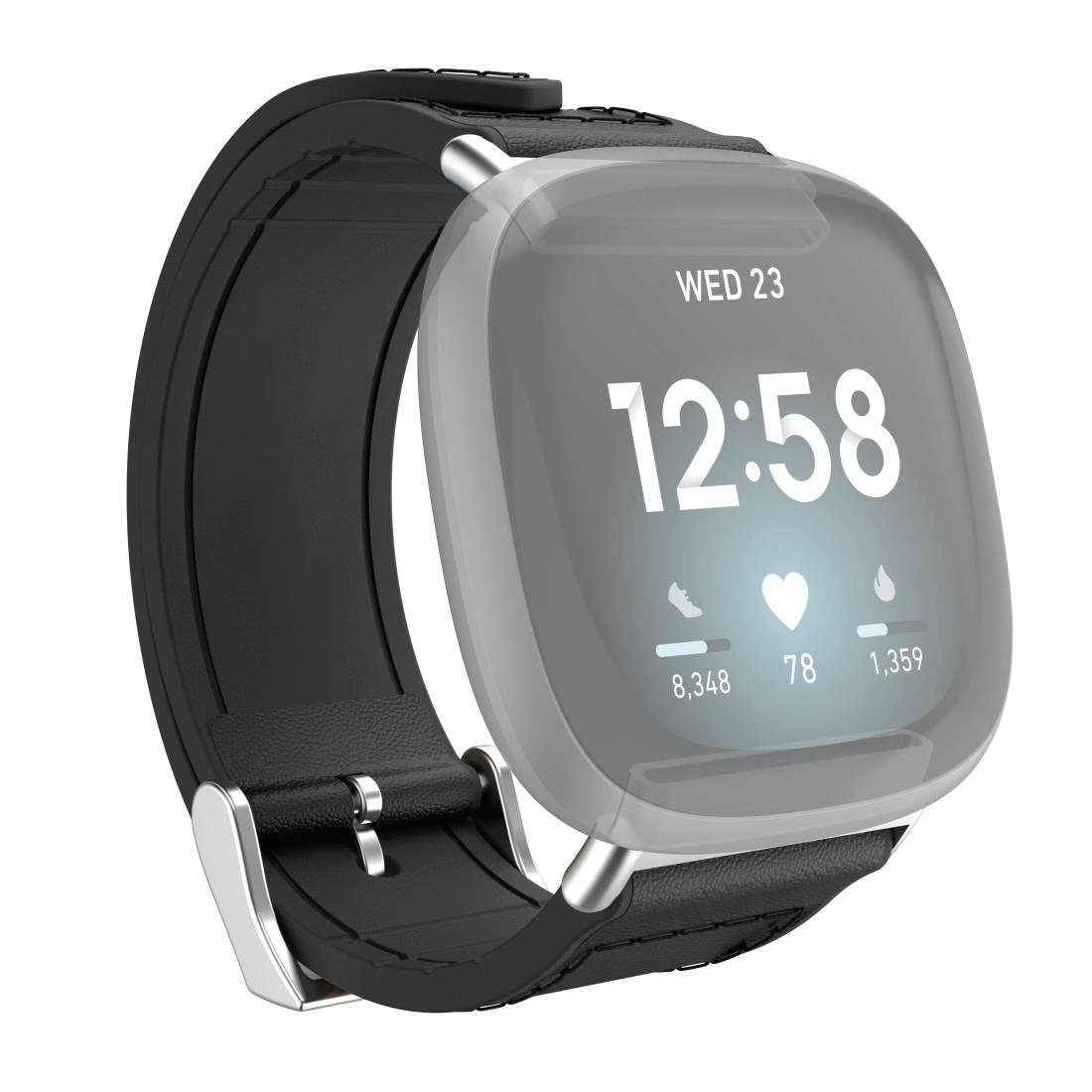 und Versa Smartwatch-Armband 3, Leder Fitbit schwarz 22mm, Sense, Ersatzarmband Hama 21cm Silikon, für