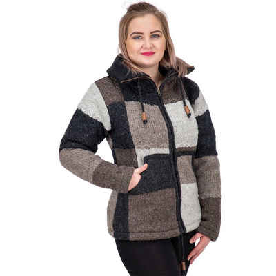 KUNST UND MAGIE Strickjacke Damen Strickjacke Wolle Bunte Patchwork Jacke+Fleecefutter&Hochkragen