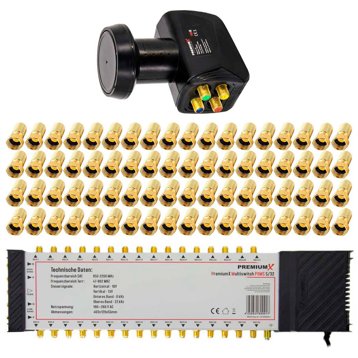 SAT-Multischalter Set 5/32 Multiswitch + Quattro LNB + 72x F-Stecker für 32 Teilnehmer
