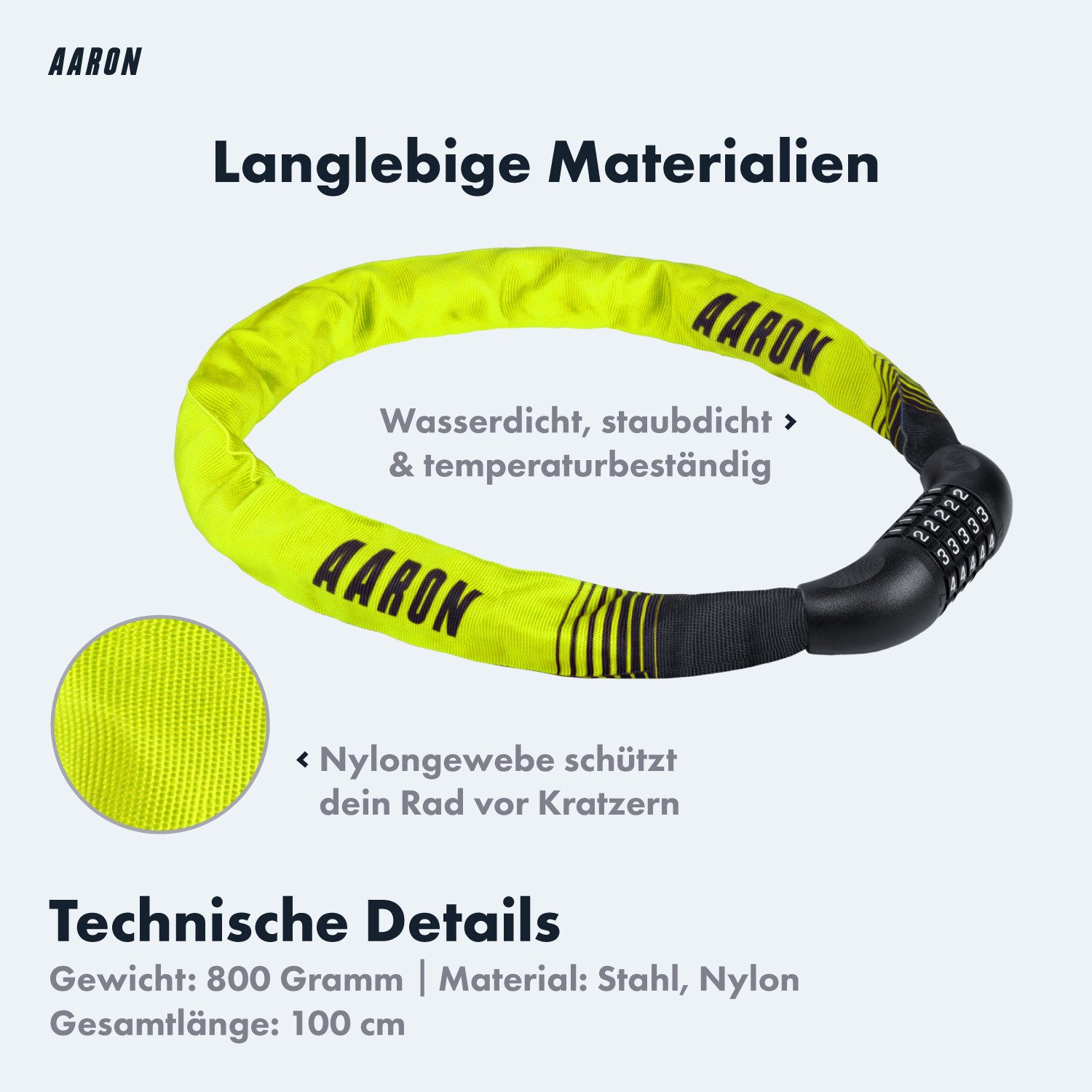 AARON Kettenschloss Lock One Fahrradschloss mit Zahlencode 100 cm Stahl Stadtrad Tour