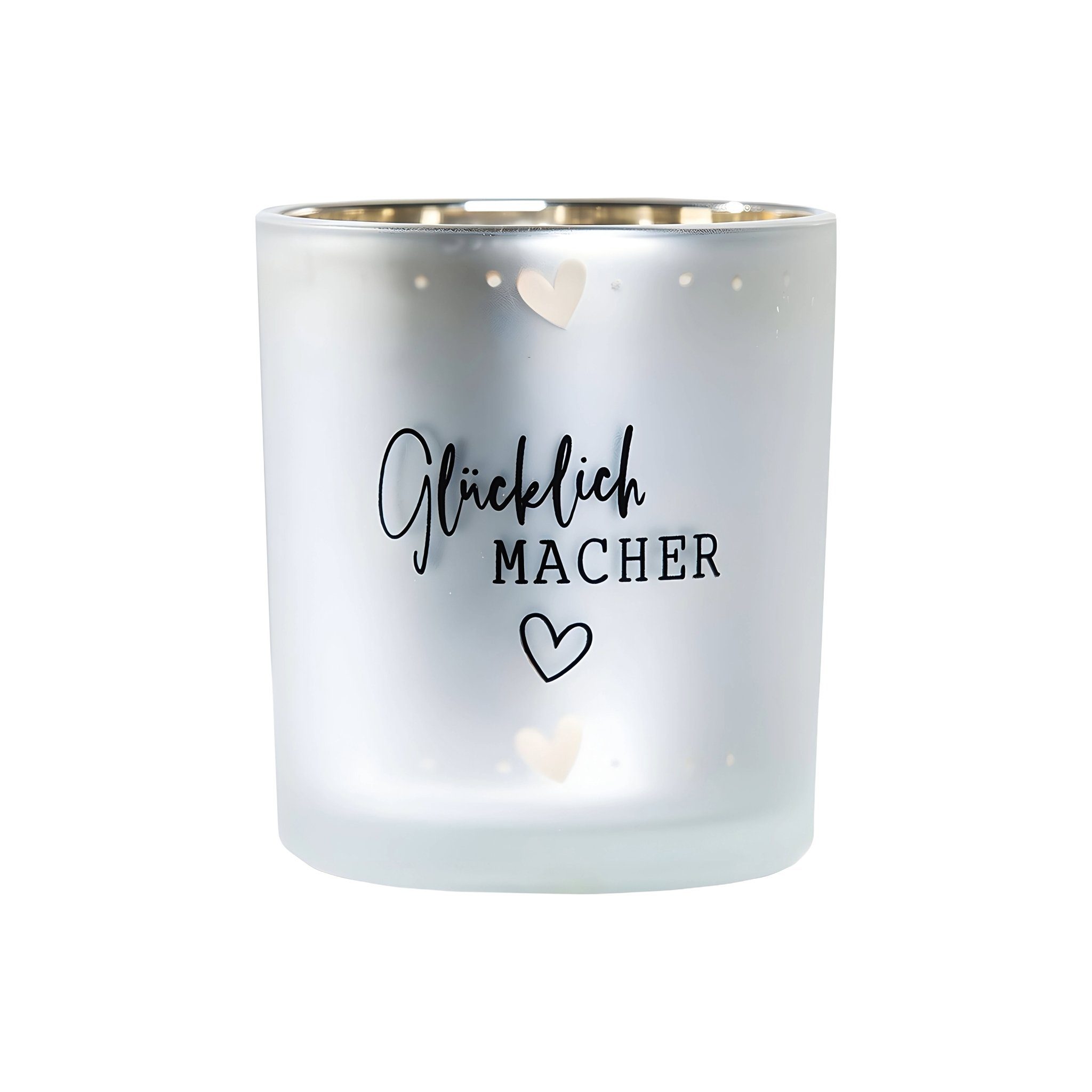 GILDE Teelichthalter Glas Windlicht Glücklich Macher (Einzelartikel, 1 St), Designobjekt, für Drinnen & Draußen (überdacht)