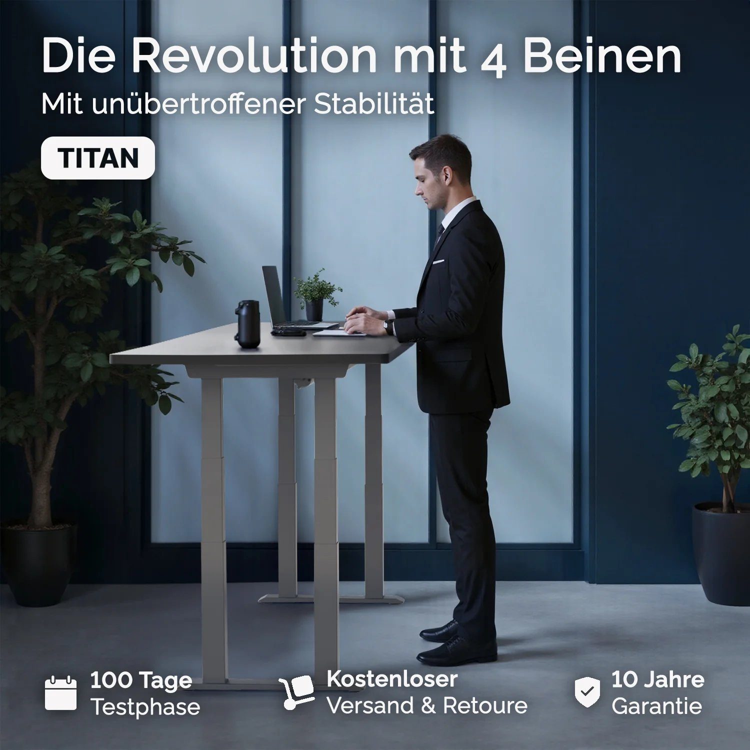 DESKSPACE Tischgestell Titan - Elektrisch höhenverstellbarer 4-Bein-Schreibtisch (Einzeltisch), Elektrisch höhenverstellbar, Dual-Motor, USB, Memory, 200 kg tragfähig