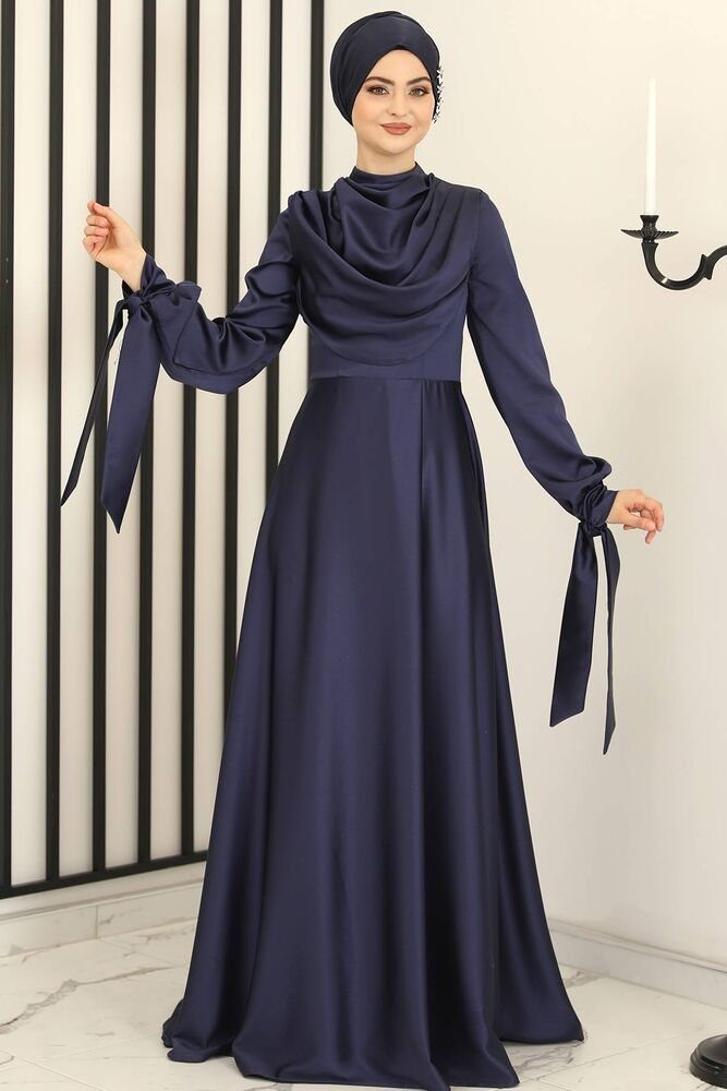 Abiye Abaya Satinkleid Modavitrini Hijab Modest Damen Abendkleid Kleid Blau Fashion