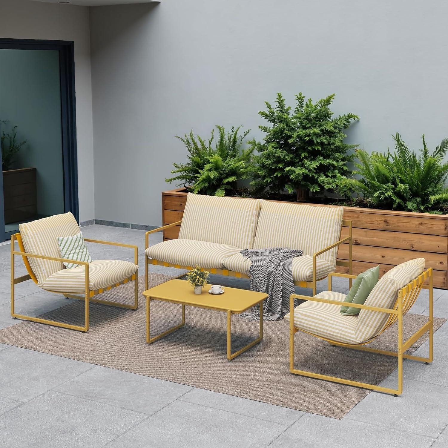 LuxusKollektion Loungeset Gartenmöbel 4er Set Gartensofa 2 Sessel Tisch Sitzgruppe Gelb