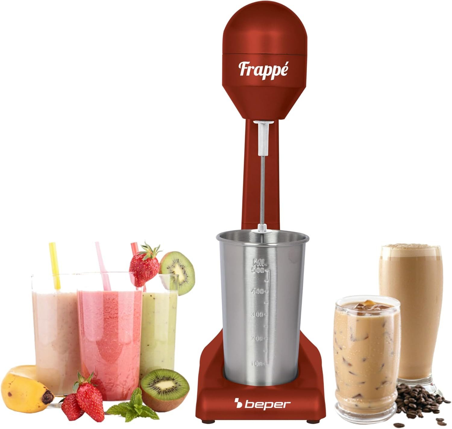 Beper Standmixer Elektrischer Milchshaker Beper 100W Drink Mixer Cocktail Shaker 500ml, 100 W, Edelstahlbecher 500ml, 100W Power, 2 Stufen, rutschfest, pflegeleicht