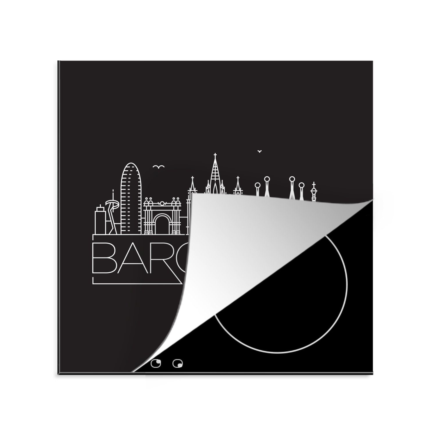 MuchoWow Herdblende-/Abdeckplatte Skyline "Barcelona" weiß auf schwarz, Vinyl, (1 tlg), 78x78 cm, Ceranfeldabdeckung, Arbeitsplatte für küche