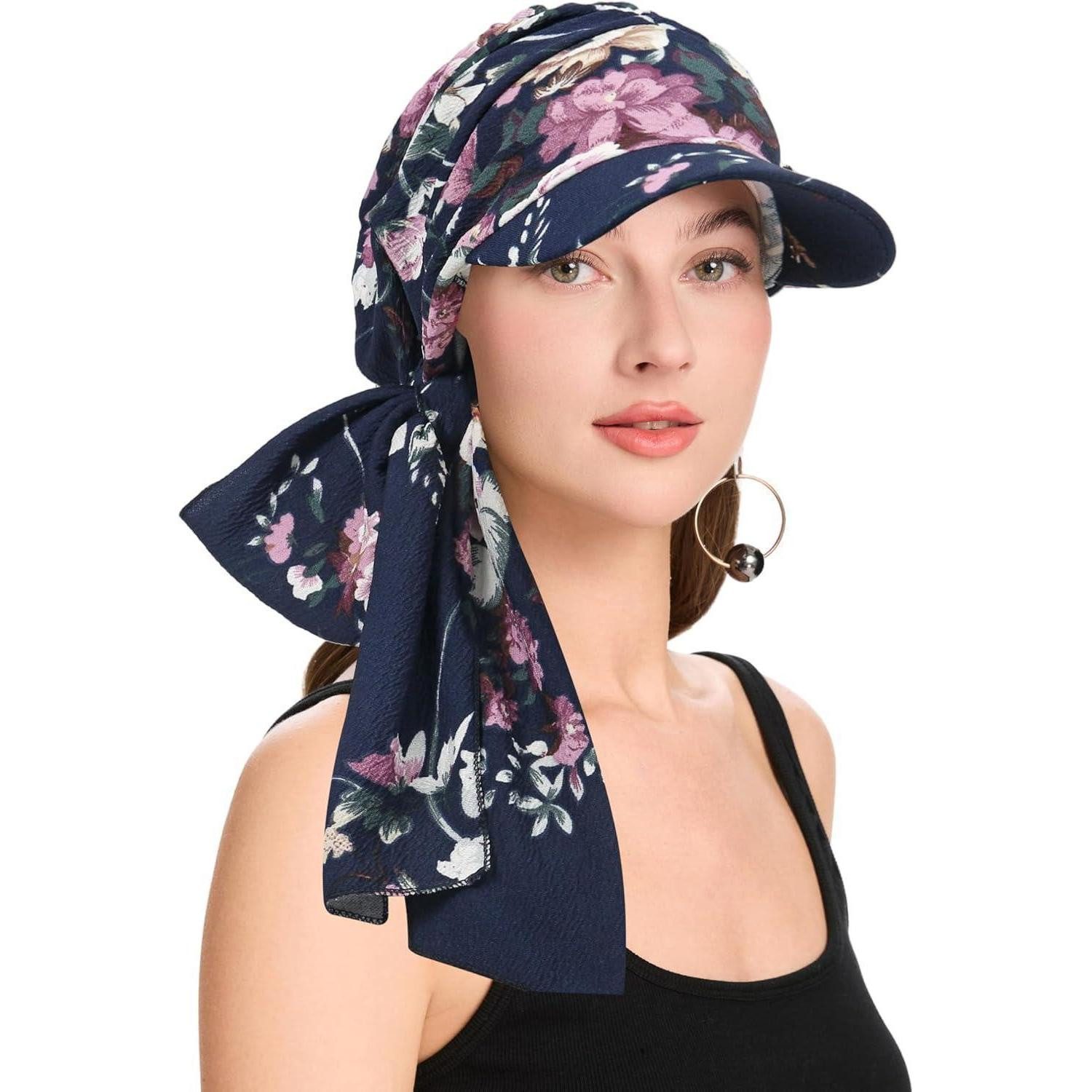 LuxusKollektion Turbanmütze Chemo Kopfbedeckung Damen Krempe Gebunden Blumenmuster Marineblau