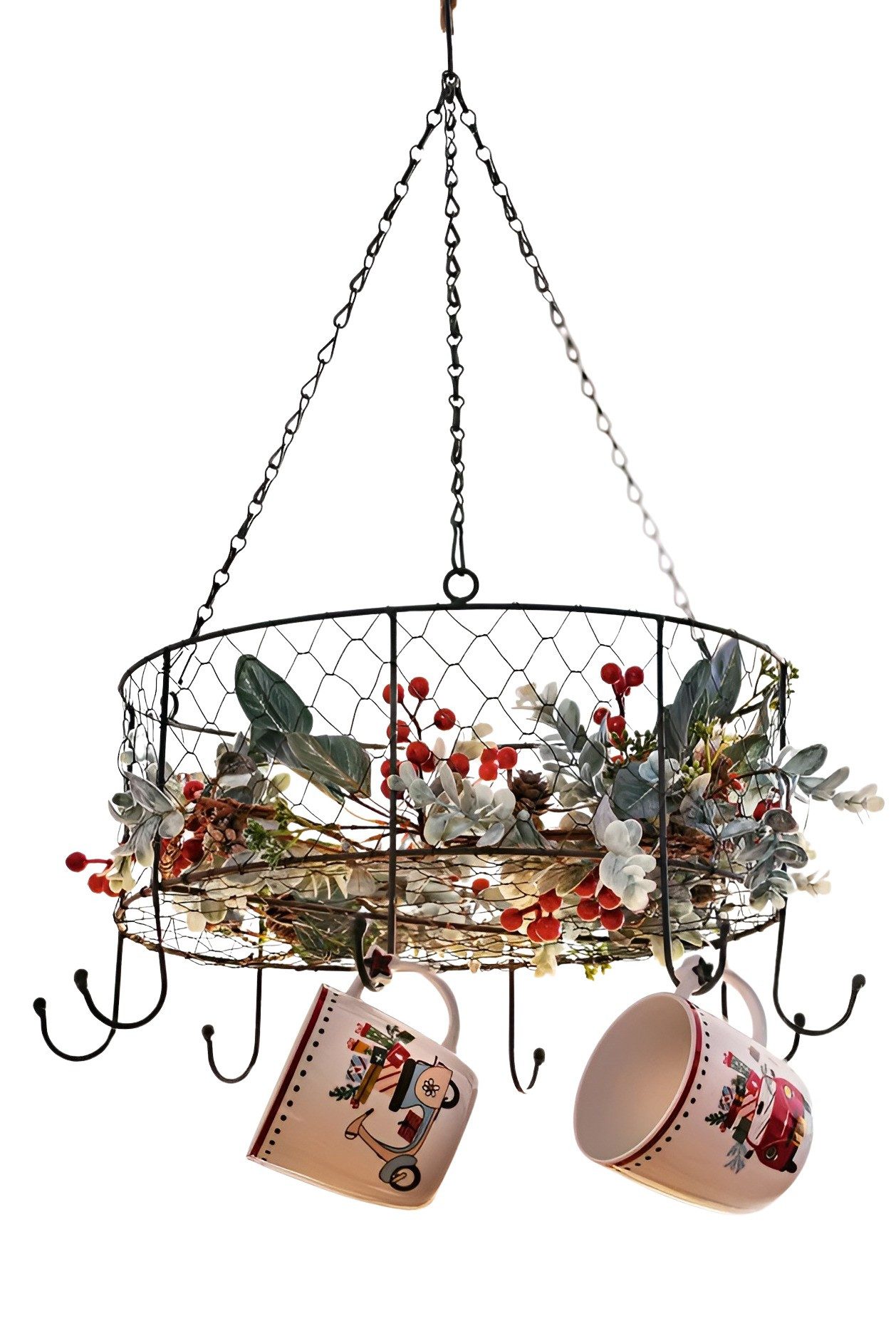 Dekoleidenschaft Hängedekoration Metall Kräuterkrone "Nostalgie" grau, Ø 35 cm, Deckenkrone mit 8 Haken, Küchenkrone, Kräuterhänger, Hängekrone, Hängekorb, Tassenring