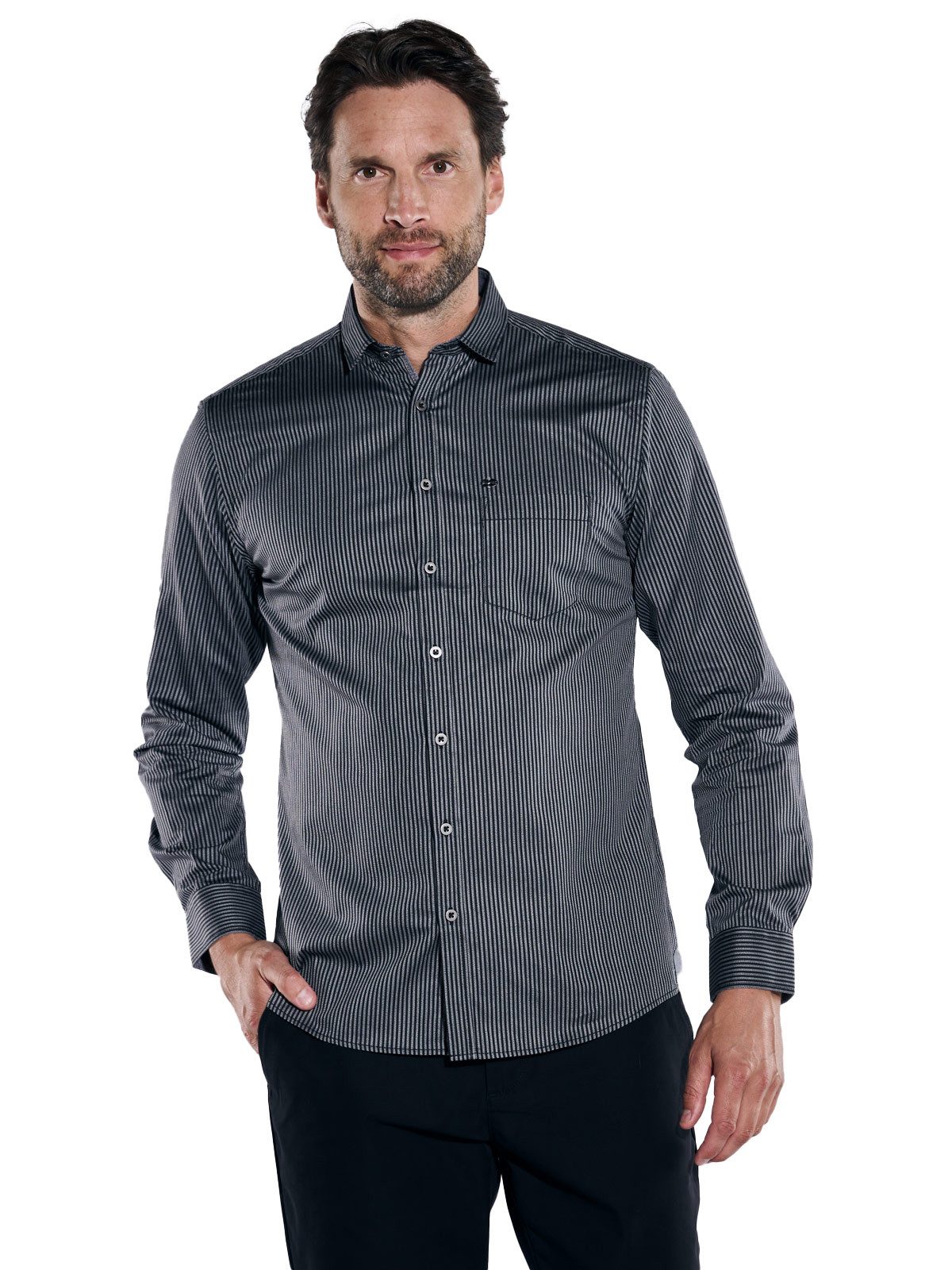 Engbers Langarmhemd Herren Langarm-Hemd gestreift, Schwarz günstig online kaufen
