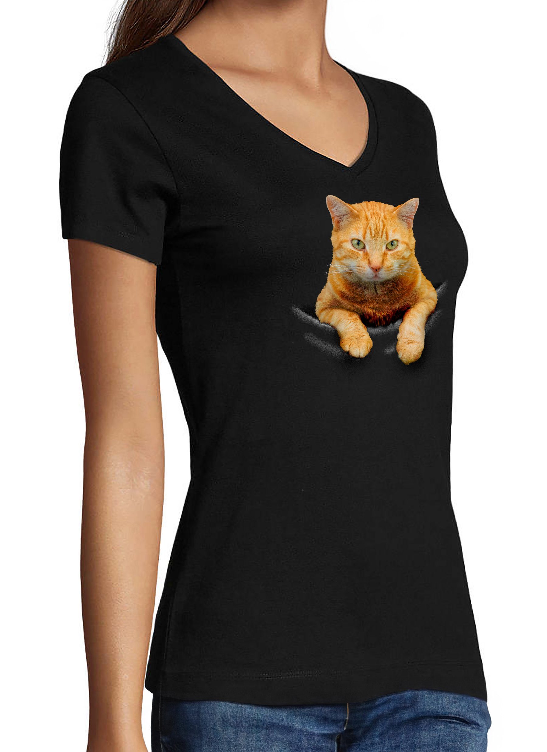MyDesign24 T-Shirt Damen Katzen Print Shirt bedruckt - Gelbe Katze in der Tasche Baumwollshirt mit Aufdruck Slim Fit i109