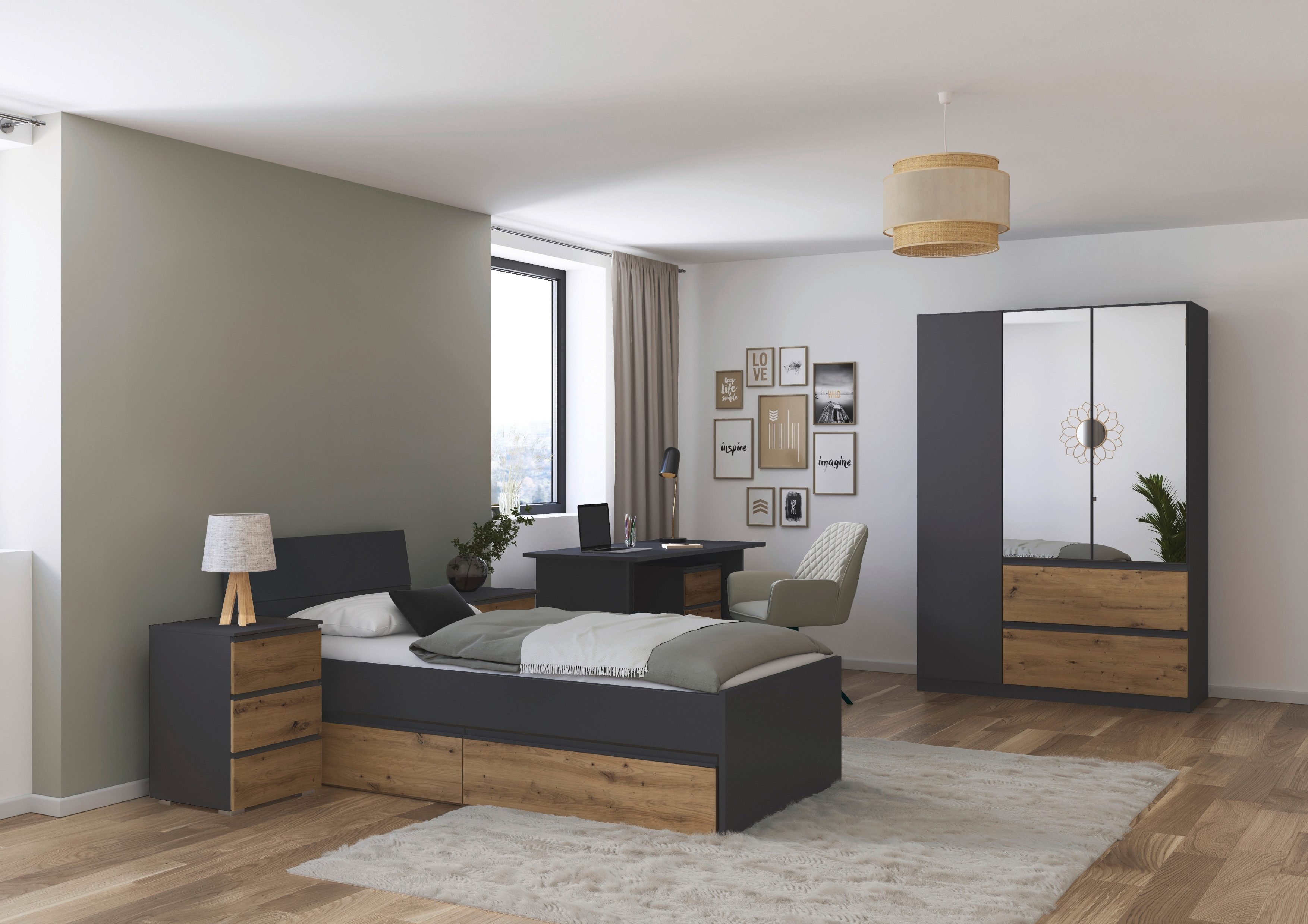 rauch Jugendzimmer-Set Komplettzimmer Schlafzimmer-Set (5-St) Jugendzimmer-Set JOEL, (Set, 5-tlg., Bett 90x200 oder 140x200 cm, Ausstattungspakete BASIC/CLASSIC/PREMIUM), Bett 2 Breiten,Nachttisch,Tisch,Rollcontainer,Schrank MADE IN GERMANY