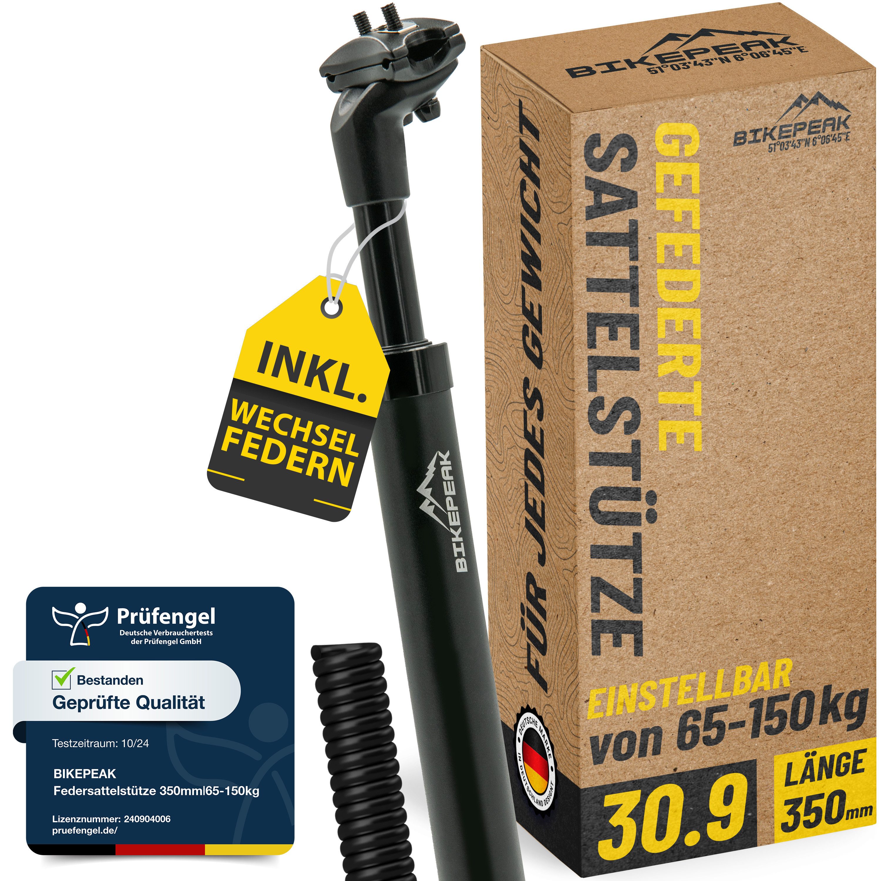 BikePeak Fahrradsattel BikePeak Federsattelstütze 30.9-350 schwarz inkl. 4 Wechselfedern