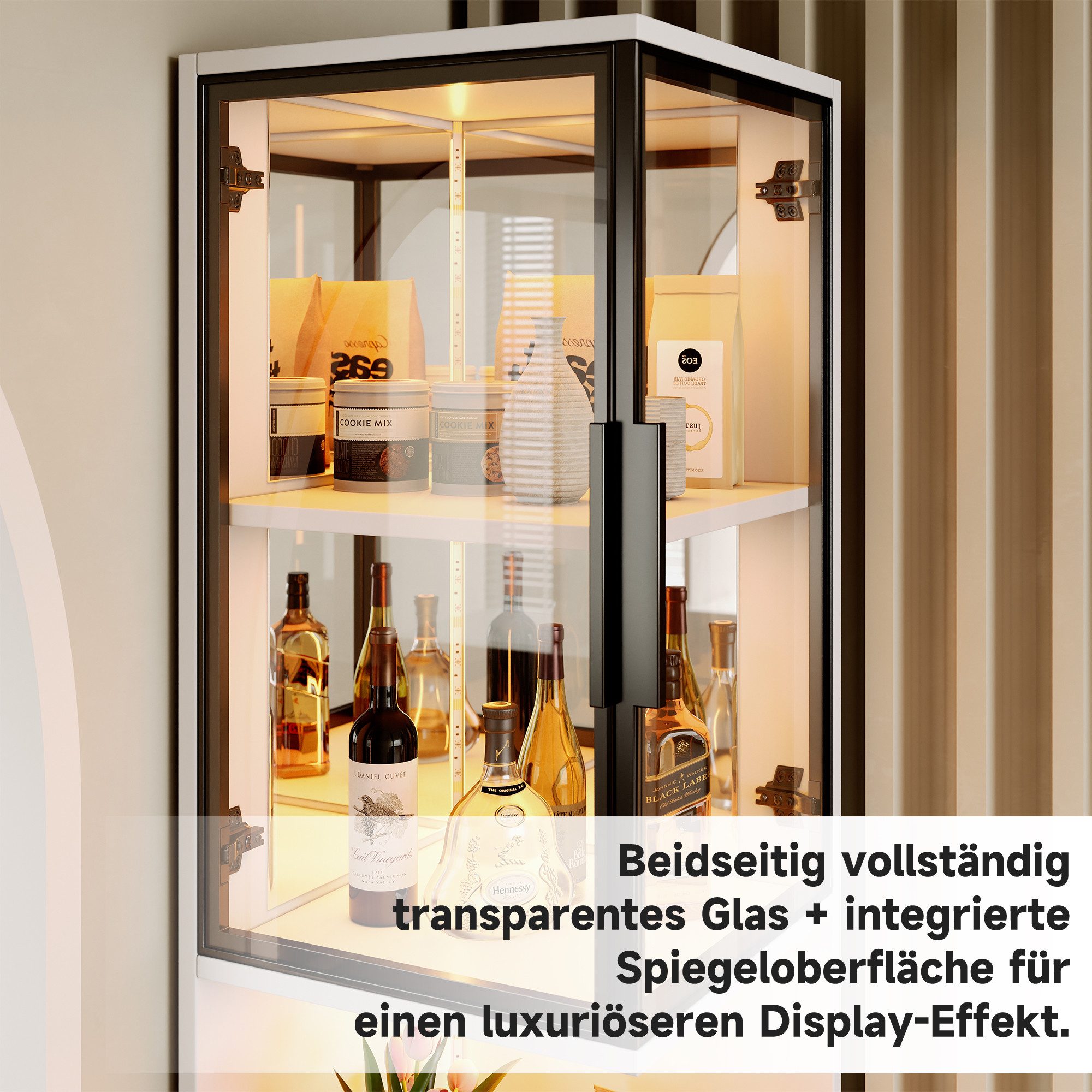 MODFU Vitrine Elegante Vitrine mit Kippschutz & doppelten Glastüren in Weiß (Packung, 1-St., Verspiegelte Rückwand verleiht Ihrer Sammlung beeindruckende Tiefe) 42x205x44 cm, mit vielfältig einstellbarer LED-Beleuchtung