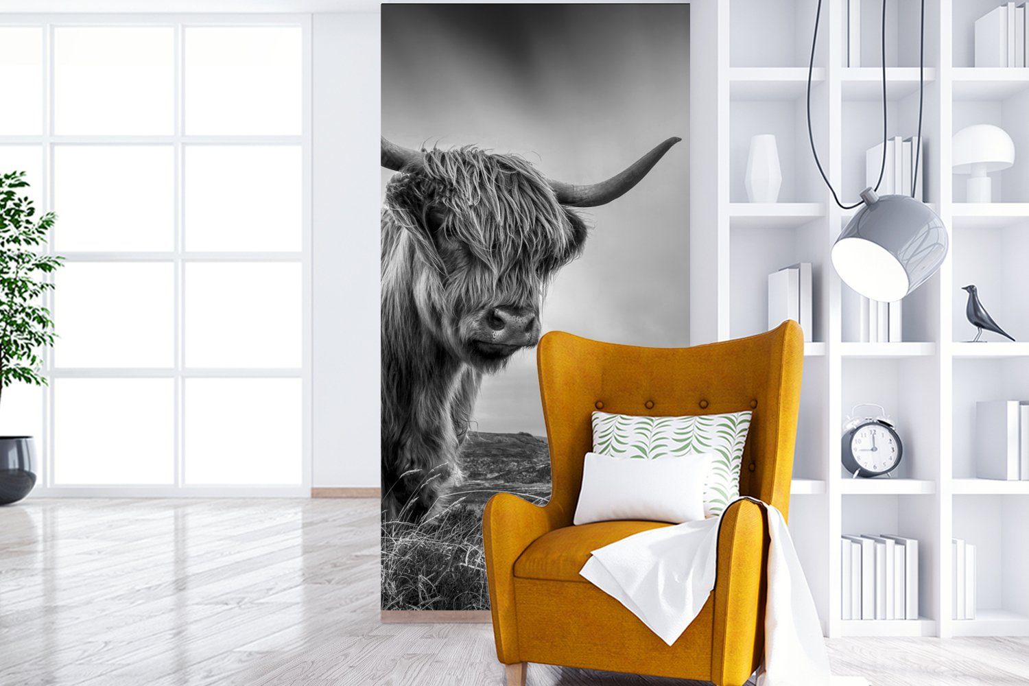 MuchoWow Fototapete Kühe - - Tiere bedruckt, Fototapete weiß, Schottische Matt, - Schlafzimmer Vliestapete Schwarz (2 Küche, - für Natur Hochlandkühe und Wohnzimmer St)