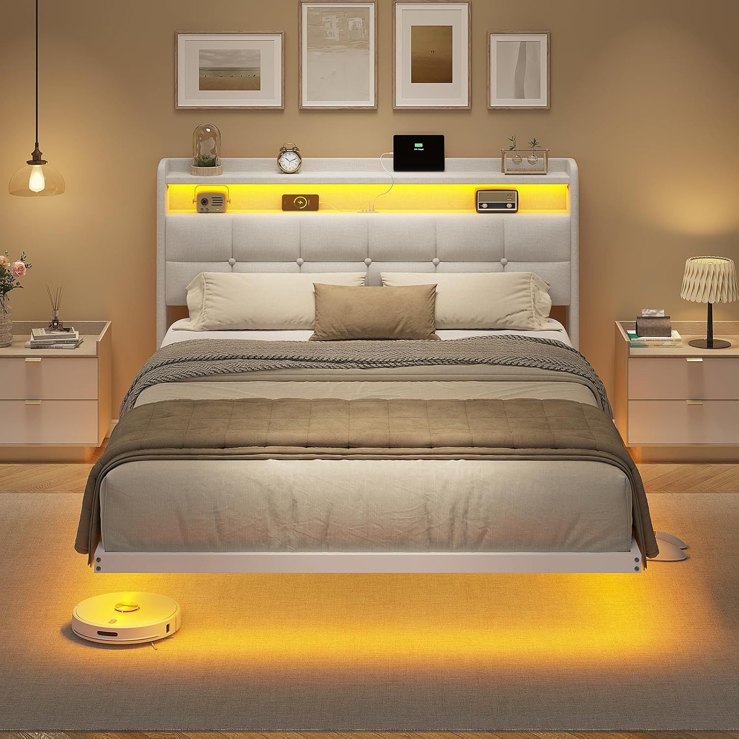 MSMASK Polsterbett Bettrahmen mit LED-Beleuchtung und Ladestation (1-tlg., Ohne Matratze), Jugendbett Bettgestll 140x200cm – Bild 4 von 5