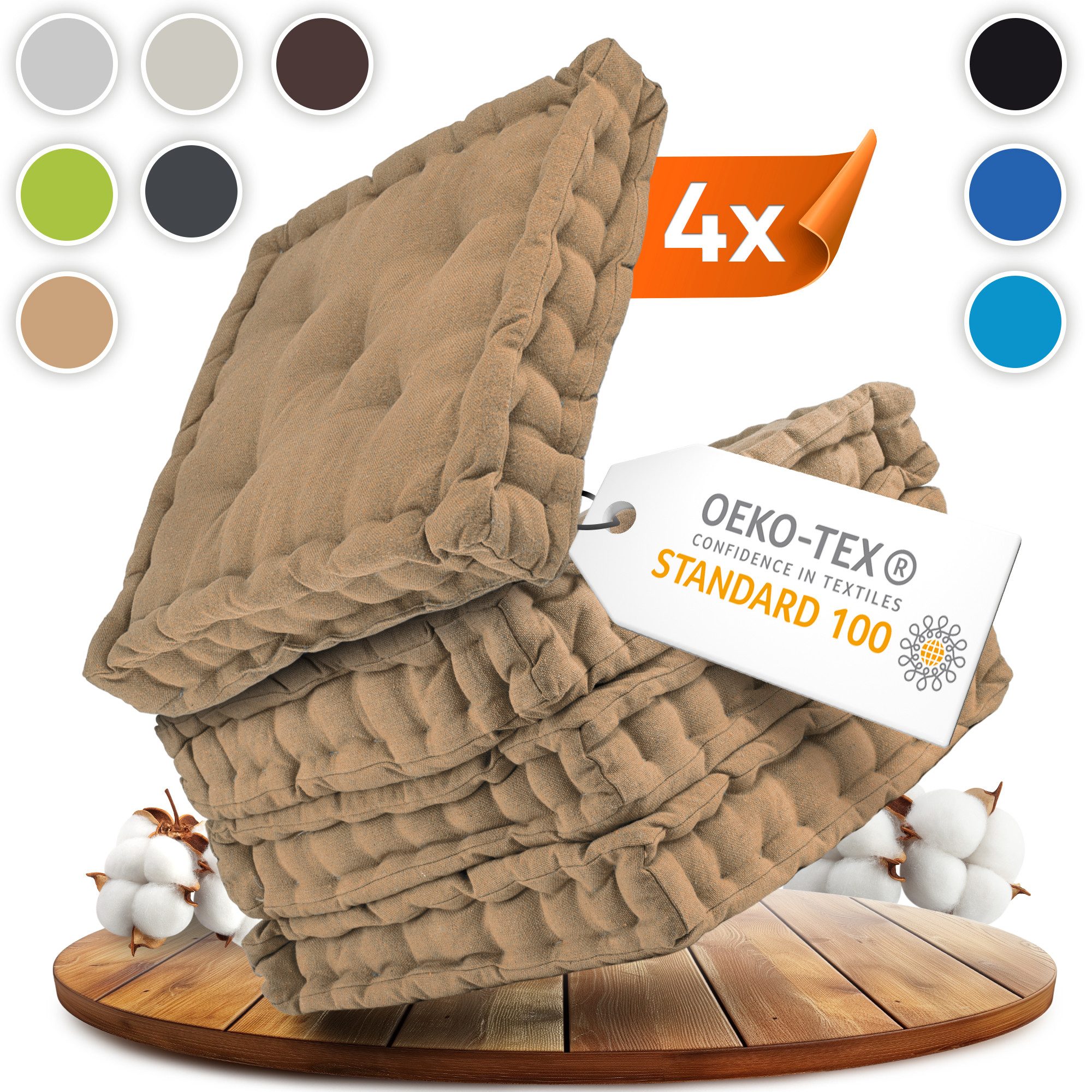 Gräfenstayn Sitzkissen 4er-Set in 40x40cm und 8cm dicker Polsterung aus 100% Baumwolle, robustes Sitzkissen für Indoor & Outdoor, bequemes Bodenkissen