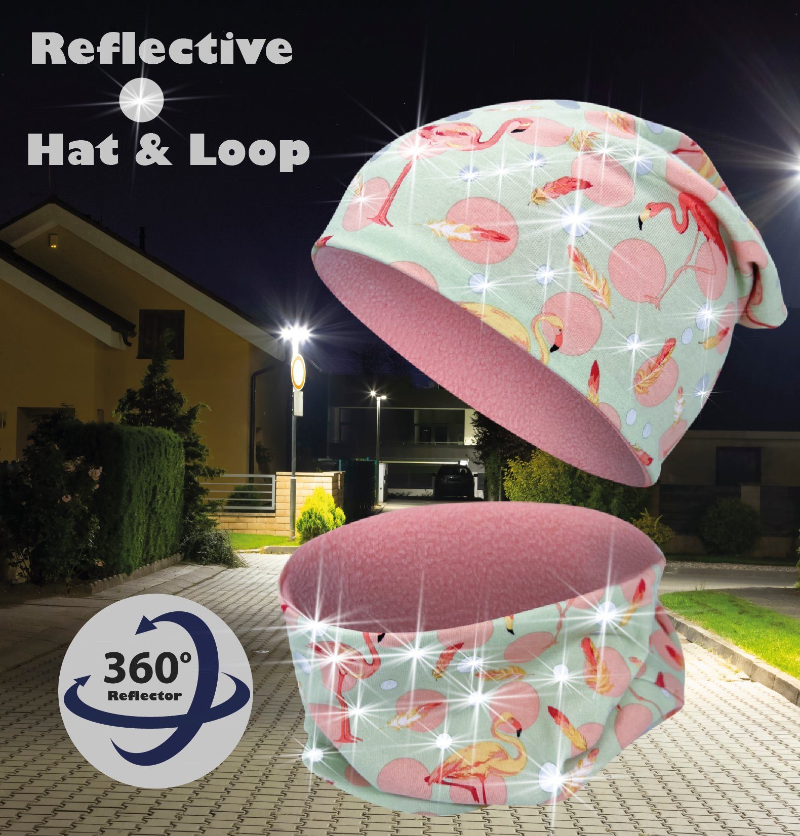 HECKBO Beanie 360° Reflektor Kinder Mütze & Loop Schal Set mit Flamingo &  Federn