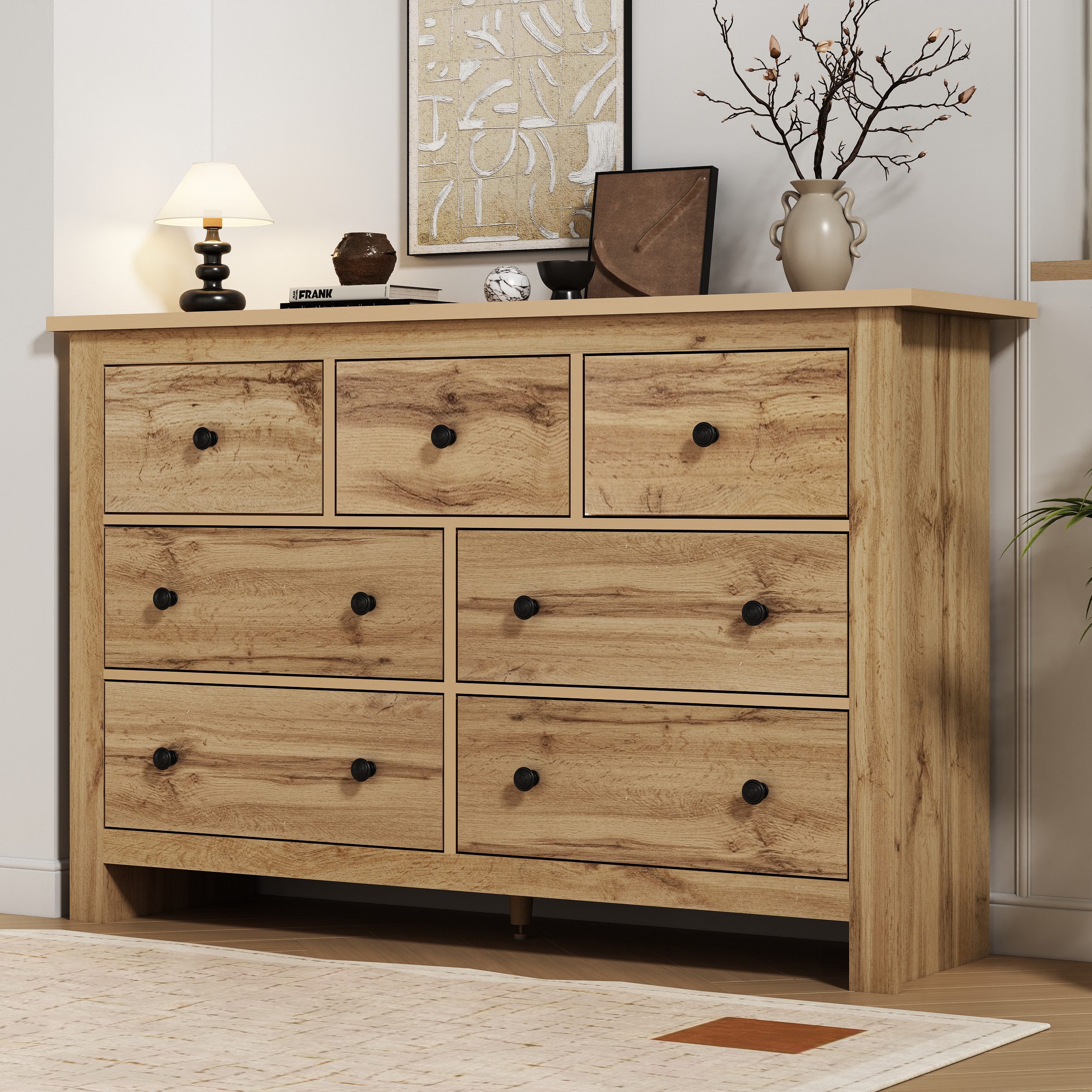 Odikalo Kommode Sideboard Schrank Buffet Schubladen Kaffeebar Weiß/Natur (Moderne minimalistische große Kapazität Esszimmer Schrank mit mehreren Schubladen Buffet, weiß Kaffee Bar Schrank mit 7 Schubladen für Eingang, Küche, Esszimmer und Wohnzimmer)
