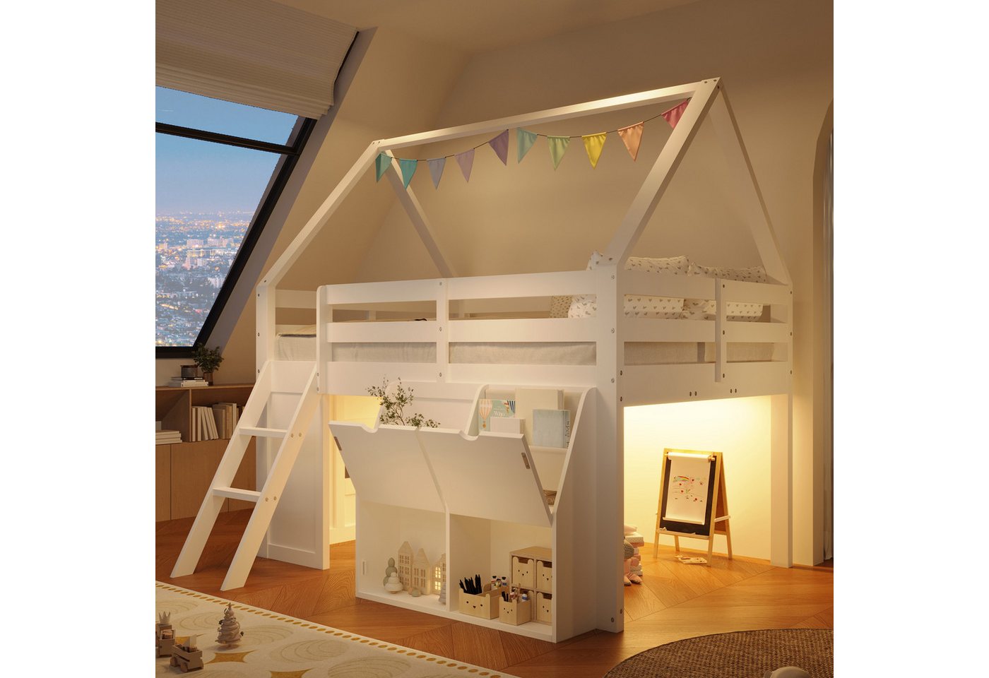 Flieks Hochbett Kinderbett 140x200cm mit LED-Leiste, Stauraumboxen mit Klappdeckel