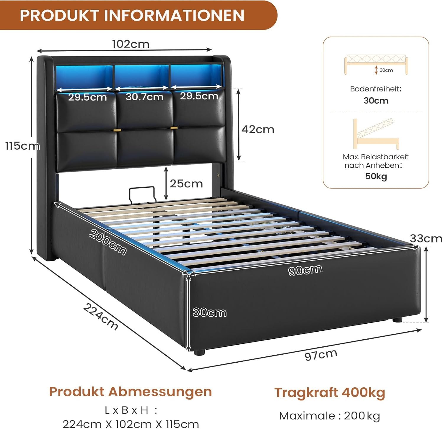 MSMASK Polsterbett mit LED Beleuchtung und günstig online kaufen