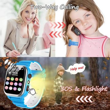 POKUJNFY Fur KinderJungen Mädchen Geburtstagsgeschenke Inklusive-SD-Karte Smartwatch (1,44 Zoll), Mit 26 Spiele, Telefon, Schrittzähler, Kalorien -SOS HD-Kamera, MP3