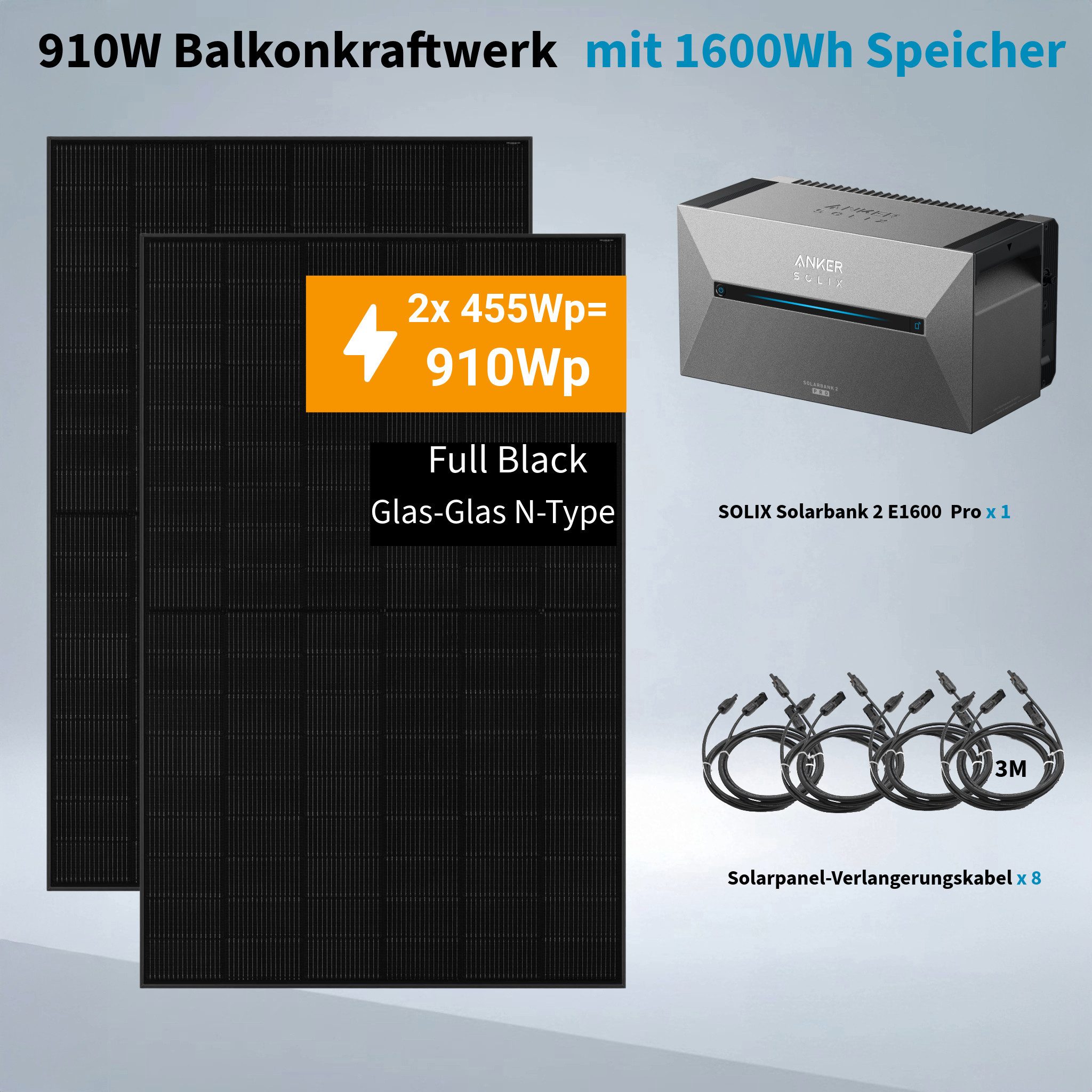 Anker Balkonkraftwerk Solix 910W Photovoltaikanlage Komplettset mit Solarbank E1600 2 Pro, 800 W, Monokristallin, (Set, 2 Solarmodule mit Anker solarbank 2 Pro Ohne Halterung/mit Halterung), Wifi, Bluetooth, IP65, Plug und Play