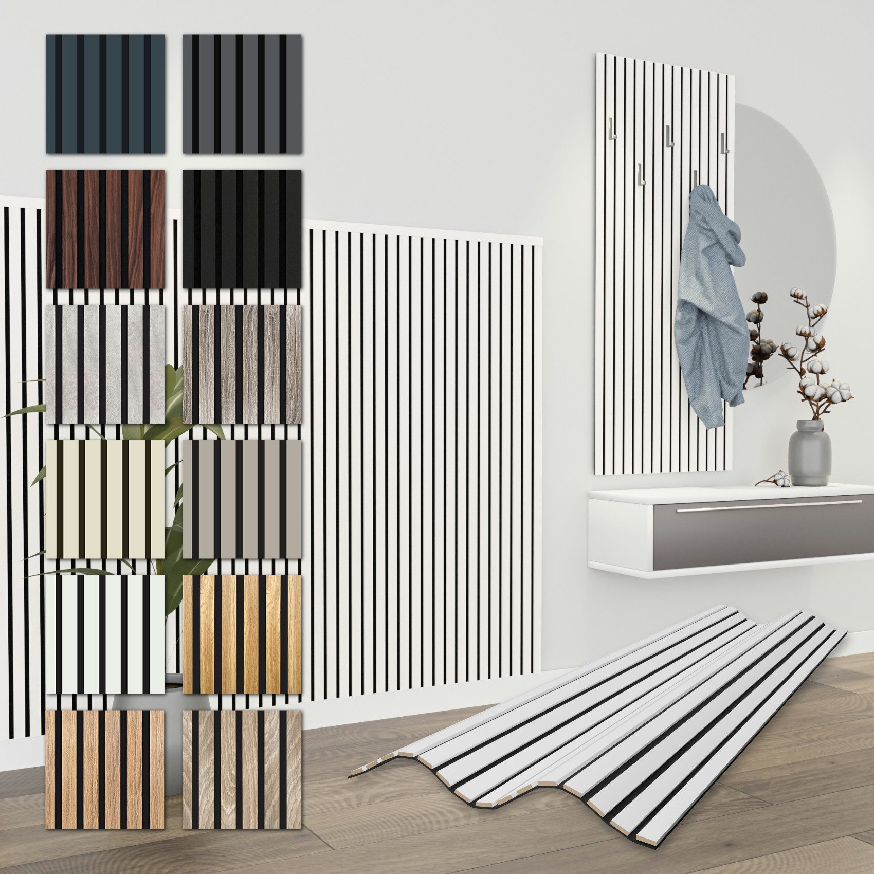 Hexim Wanddekoobjekt APH11 (Akustikpaneele 138,5x60cm - flexible Lamellenwand Holz MDF Wandpaneele Lamellenverkleidung Wandverkleidung Innendekoration schalldämmend (1 Paneel / 0,83 m² White - APH11)