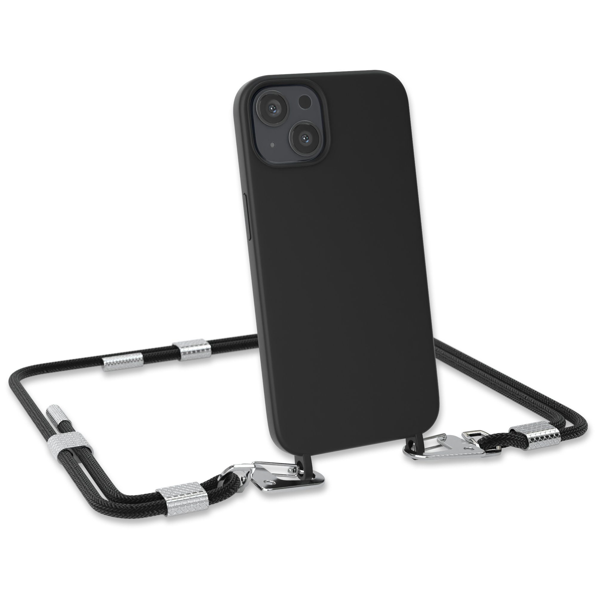 EAZY CASE Handykette Carabiner Chain für Apple iPhone 13 6,1 Zoll, Ketten Hülle Cross Bag Case Kettenhülle abnehmbare Kordel in Schwarz