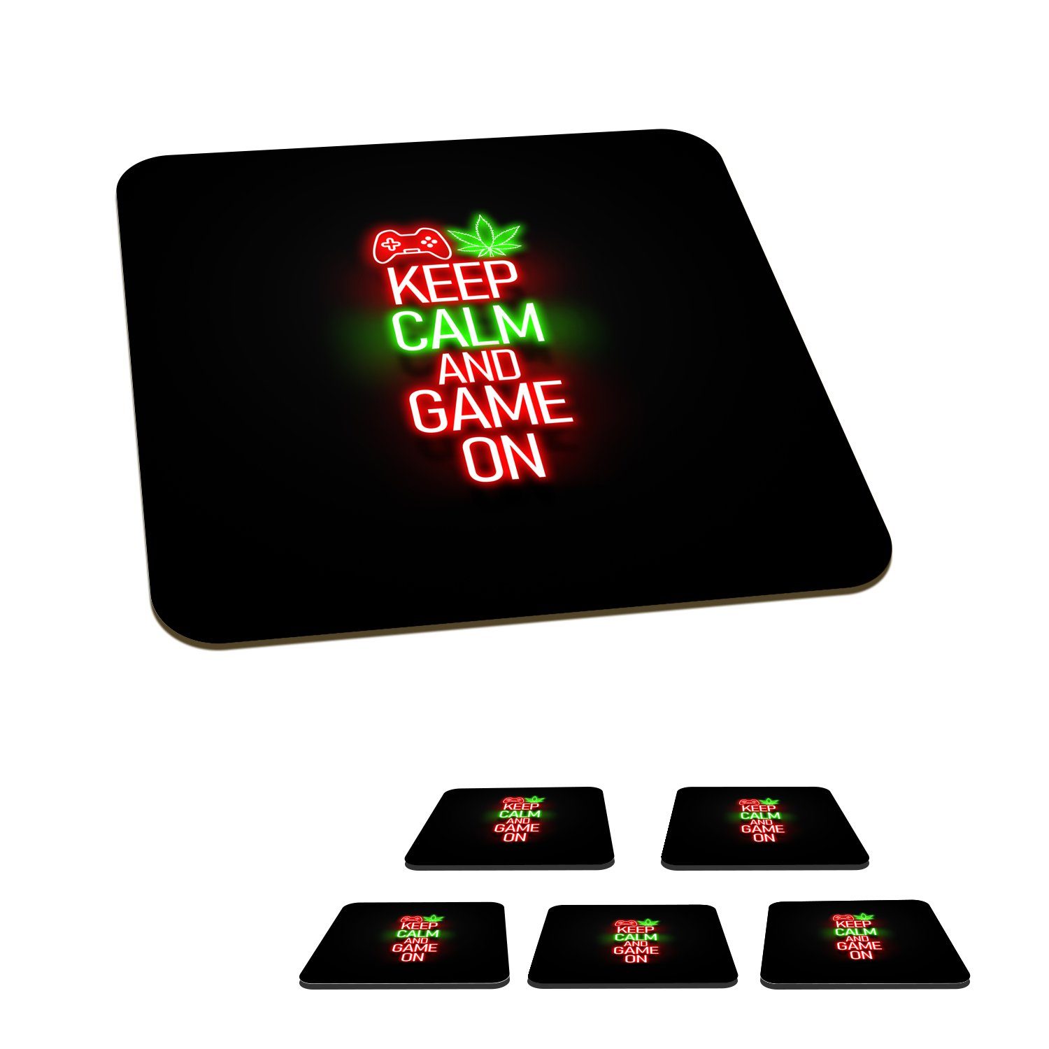 MuchoWow Glasuntersetzer Gaming - Neon - Ruhe bewahren und weiterspielen - Rot - Text, Zubehör für Gläser, 6-tlg., Glasuntersetzer, Tischuntersetzer, Korkuntersetzer, Untersetzer, Tasse | Getränkeuntersetzer