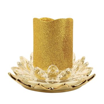 Online-Fuchs Kerzenständer als Lotusblüte aus Glas mit LED Kerze inkl. Timer GOLD 543, Maße: 8 x 17 cm Kerze: 10 x 7,5 cm Glitzerkerze inkl. 6 Stunden Timer