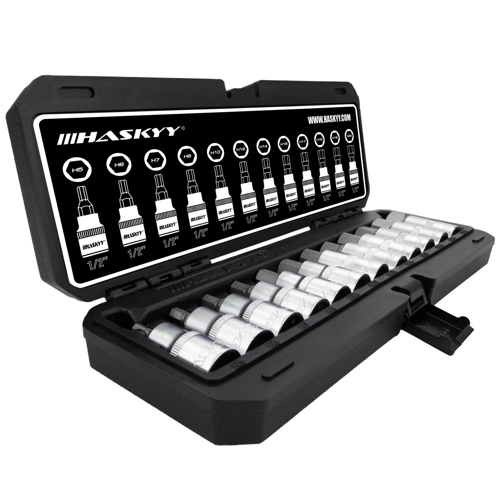 HASKYY Innensechskantschlüssel Innensechskant Steckschlüsselsatz 1/2" Bitsatz 5-22mm Stecknüsse 12tlg