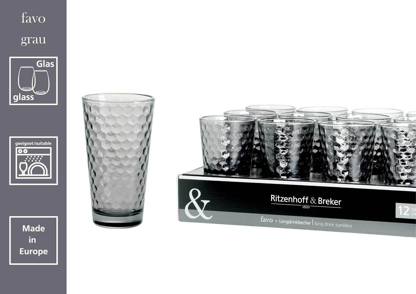 Ritzenhoff & Breker Longdrinkglas Favo Longdrinkgläser 400 ml 6er Set, 6-tlg., Glas