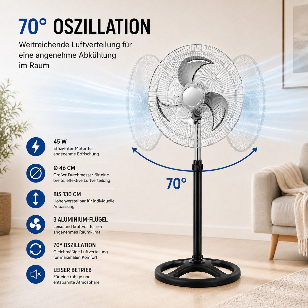 Ertex Standventilator Stand Ventilator 45W Metro 130cm Höhe Turmventilator Kühler STARK