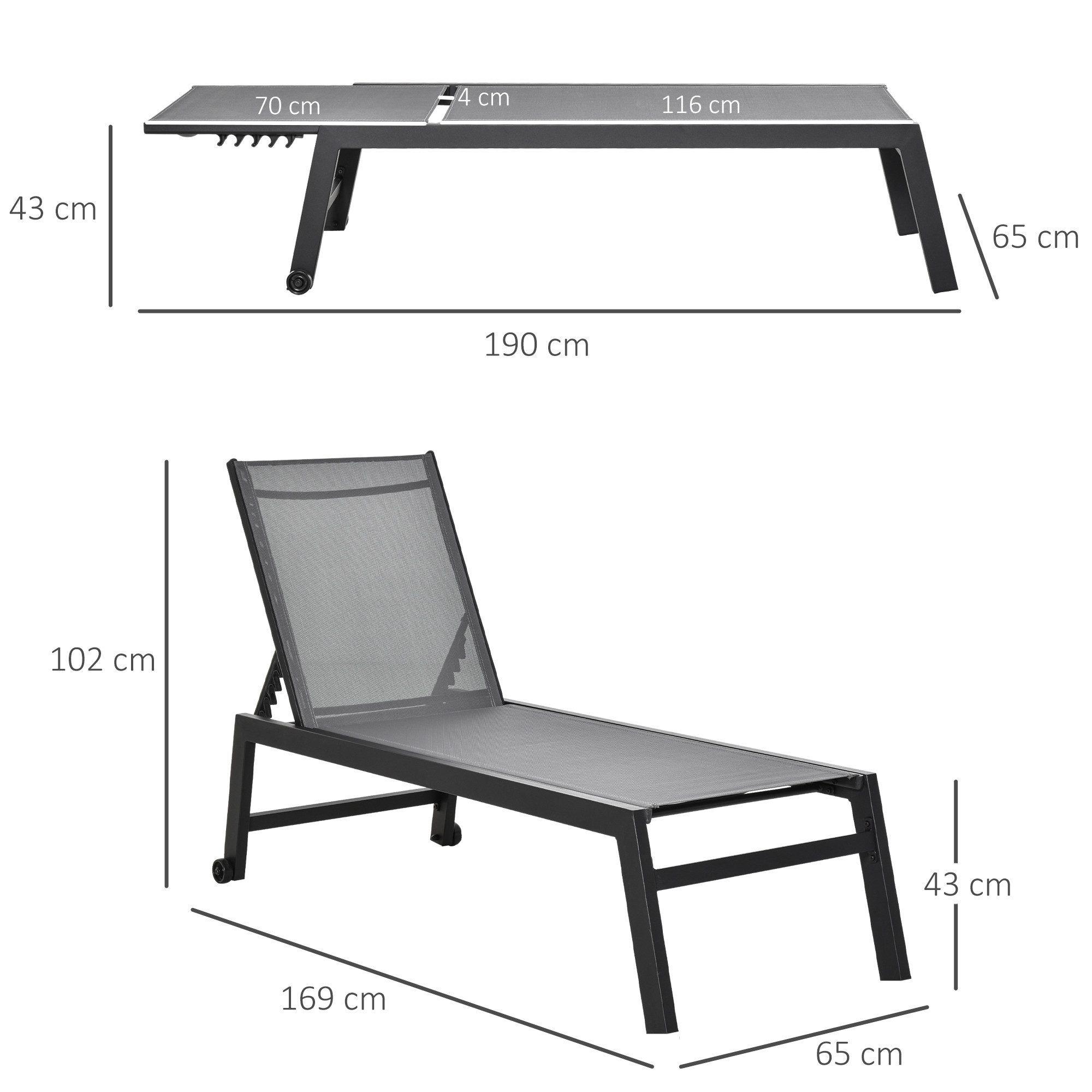 Outsunny Gartenliege Sonnenliege mit Rückenlehnen, Sitzmöbel, 1 St., Gartenmöbel, Aluminium, Grau, 169 x 65 x 102 cm