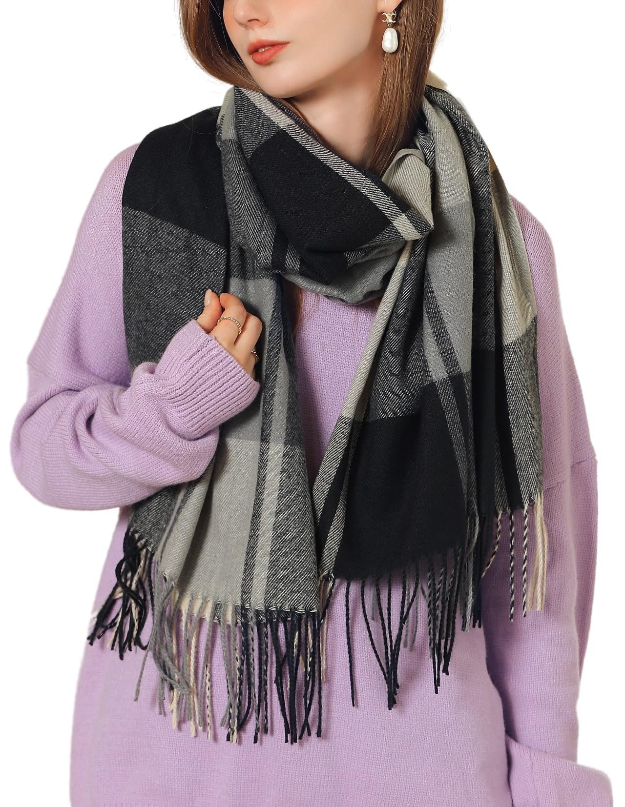 nsihing Modeschal Damen Kariert Oversized Schal Lange Winterschal Weich Wraps, Groß Karo Fransen Schals Warm für Herbst Winter