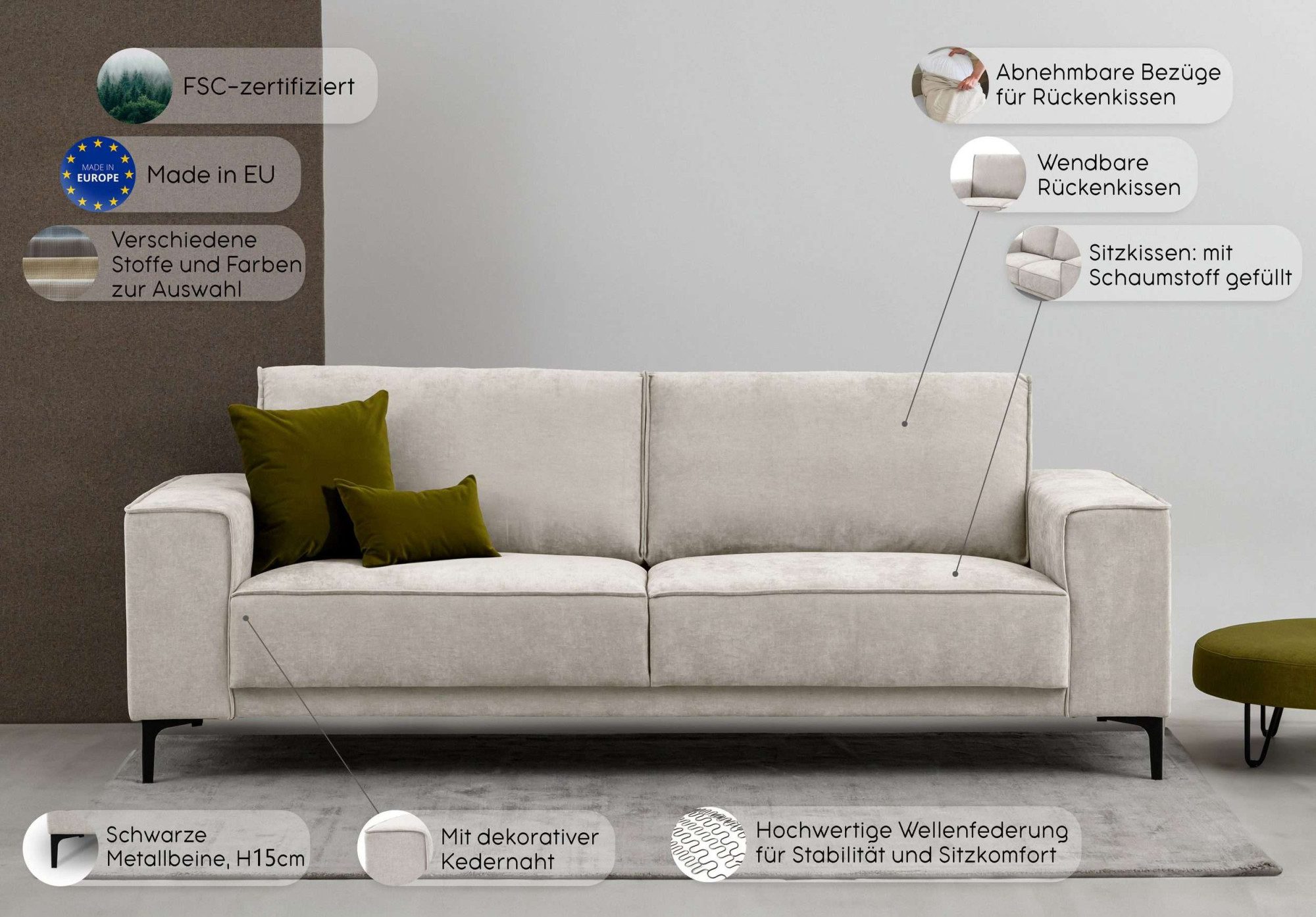 OTTO home 3-Sitzer OLAND Cord, Sofa, B: 224 cm, Skandi-Design