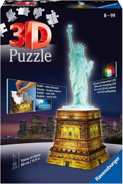 Ravensburger 3D-Puzzle »Freiheitsstatue bei Nacht«, 108 Puzzleteile, mit Farbwechsel LEDs; Made in Europe, FSC® - schützt Wald - weltweit