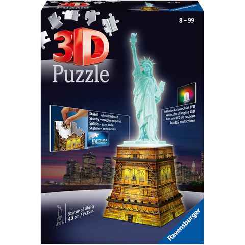 Ravensburger 3D-Puzzle Freiheitsstatue bei Nacht, 108 Puzzleteile, mit Farbwechsel LEDs; Made in Europe, FSC® - schützt Wald - weltweit