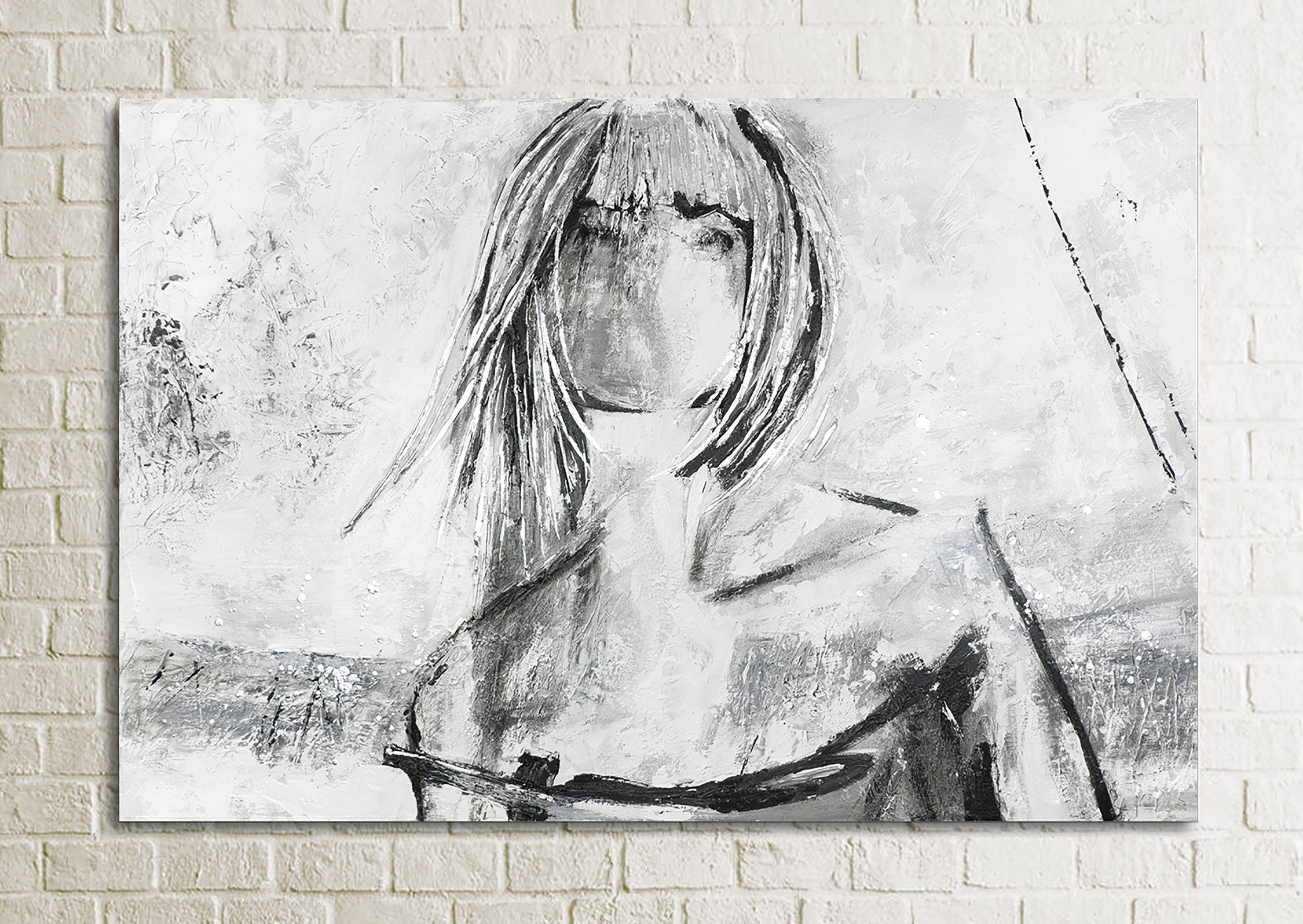 YS-Art Gemälde Faszination, Mädchen Bild Junge Handgemalt Schwarz Frau Grau Menschen, Leinwand