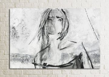 YS-Art Gemälde Faszination, Menschen, Leinwand Bild Handgemalt Junge Frau Mädchen Grau Schwarz