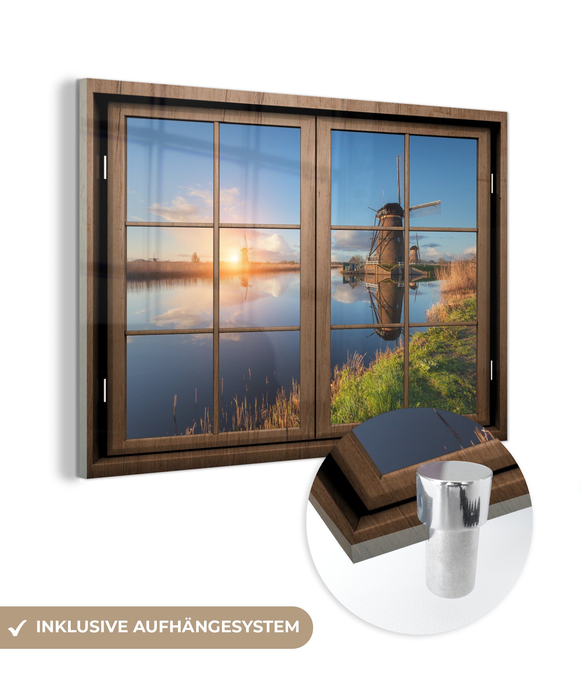 MuchoWow Acrylglasbild Aussicht - Mühle - Sonnenuntergang, (1 St), Glasbilder - Bilder auf Glas Wandbild - Foto auf Glas - Wanddekoration