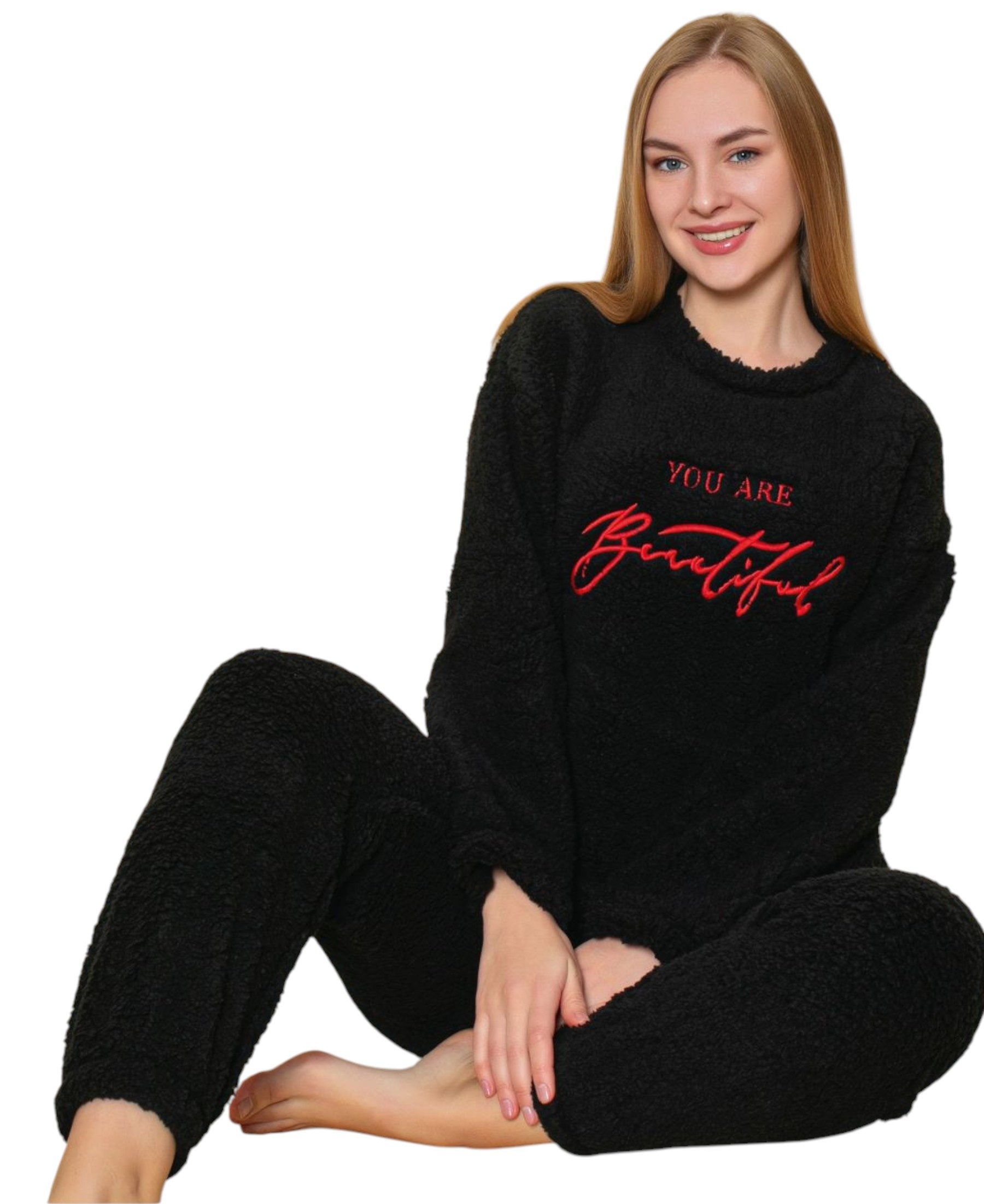 fashionshowcase Hausanzug Damen Winter Pyjama Set Schlafanzug Plüsch Zweiteiler weich