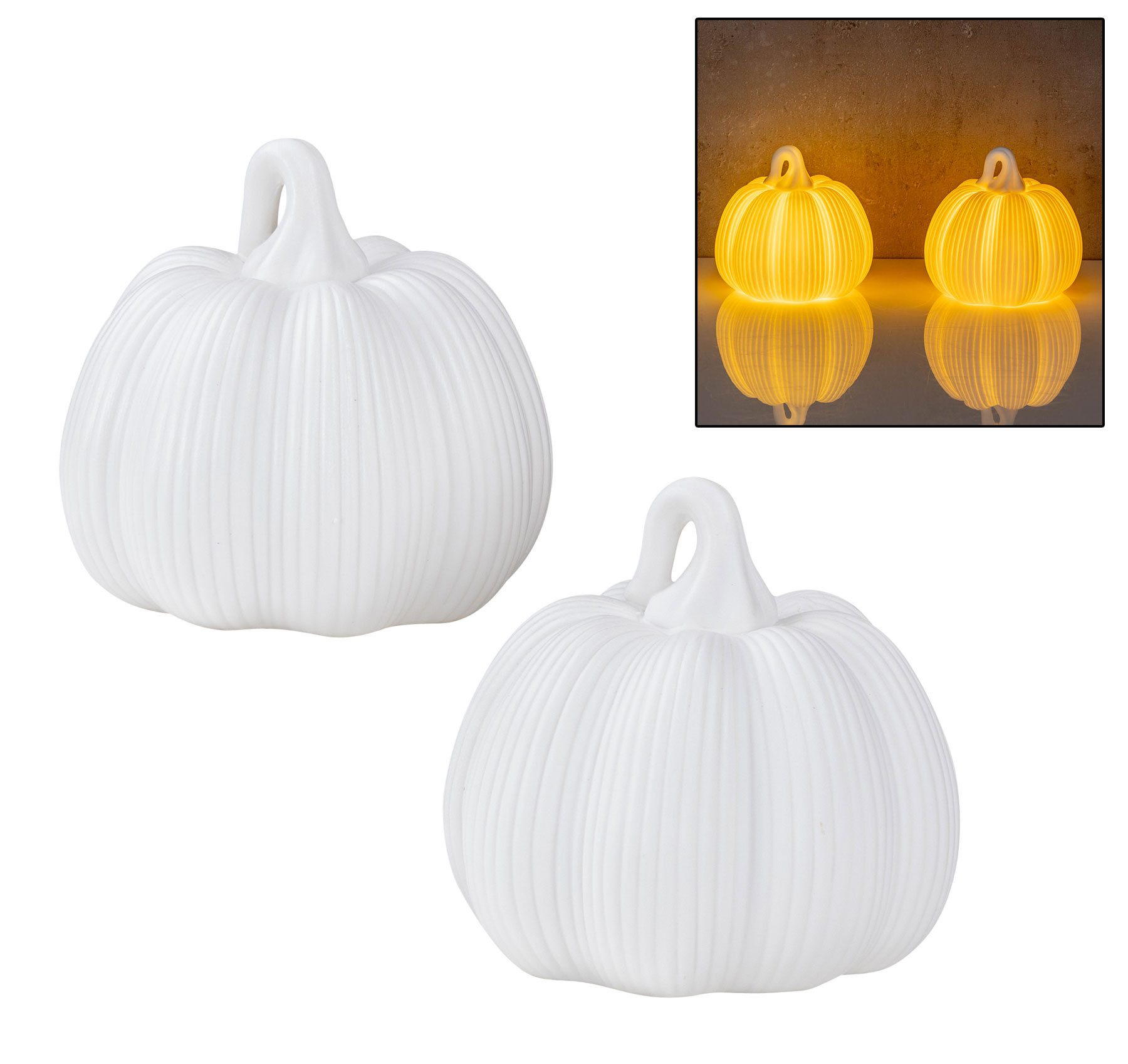 Levandeo® LED Dekoobjekt, 2er Set runde LED Kürbisse Weiß H11cm Timer Porzellan Tischdeko