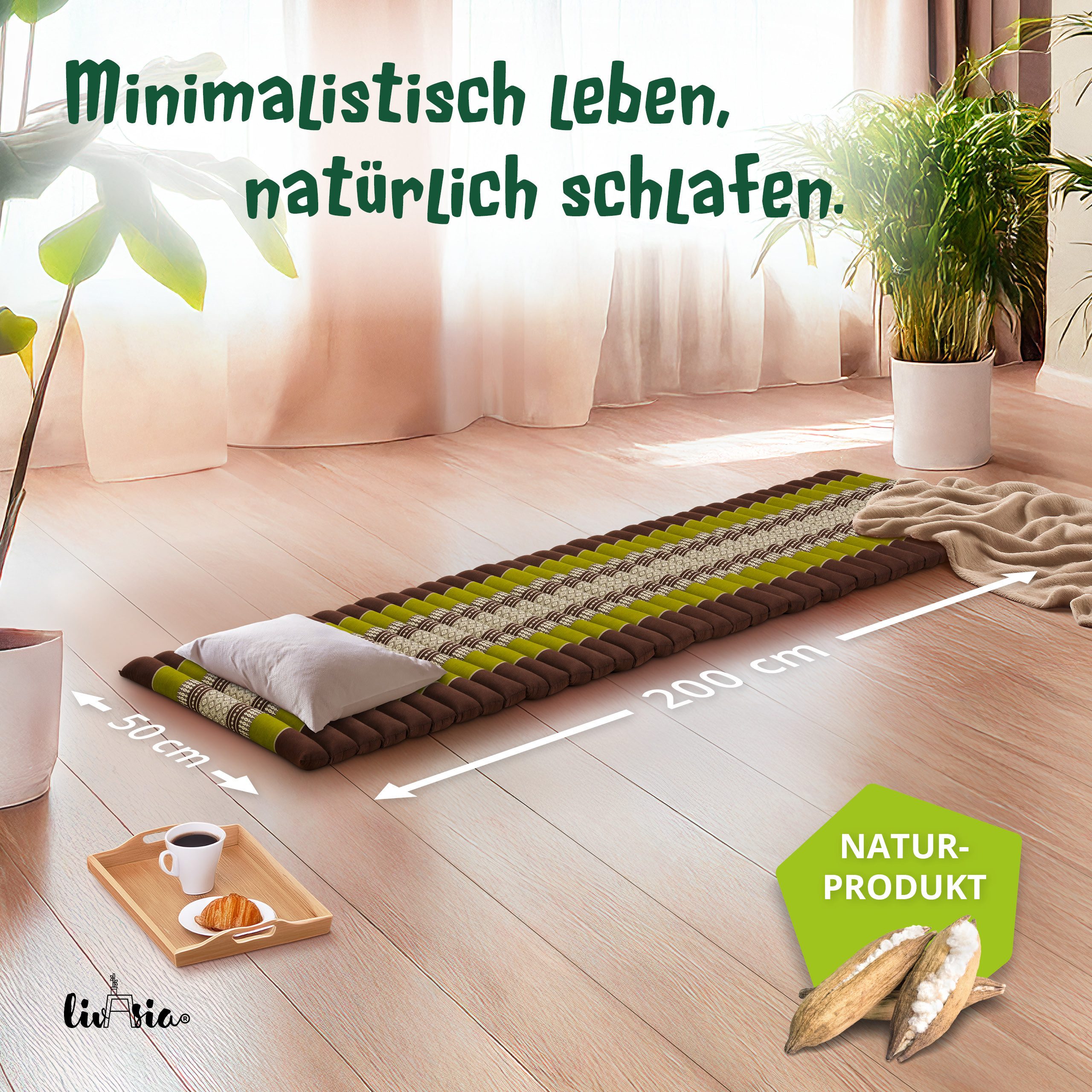 Reisebett-Matratzen Rollmatte 50 cm breit, vegan und handgefertigt, 210x50x4,5cm, livasia, 4,50 cm hoch, Kapok