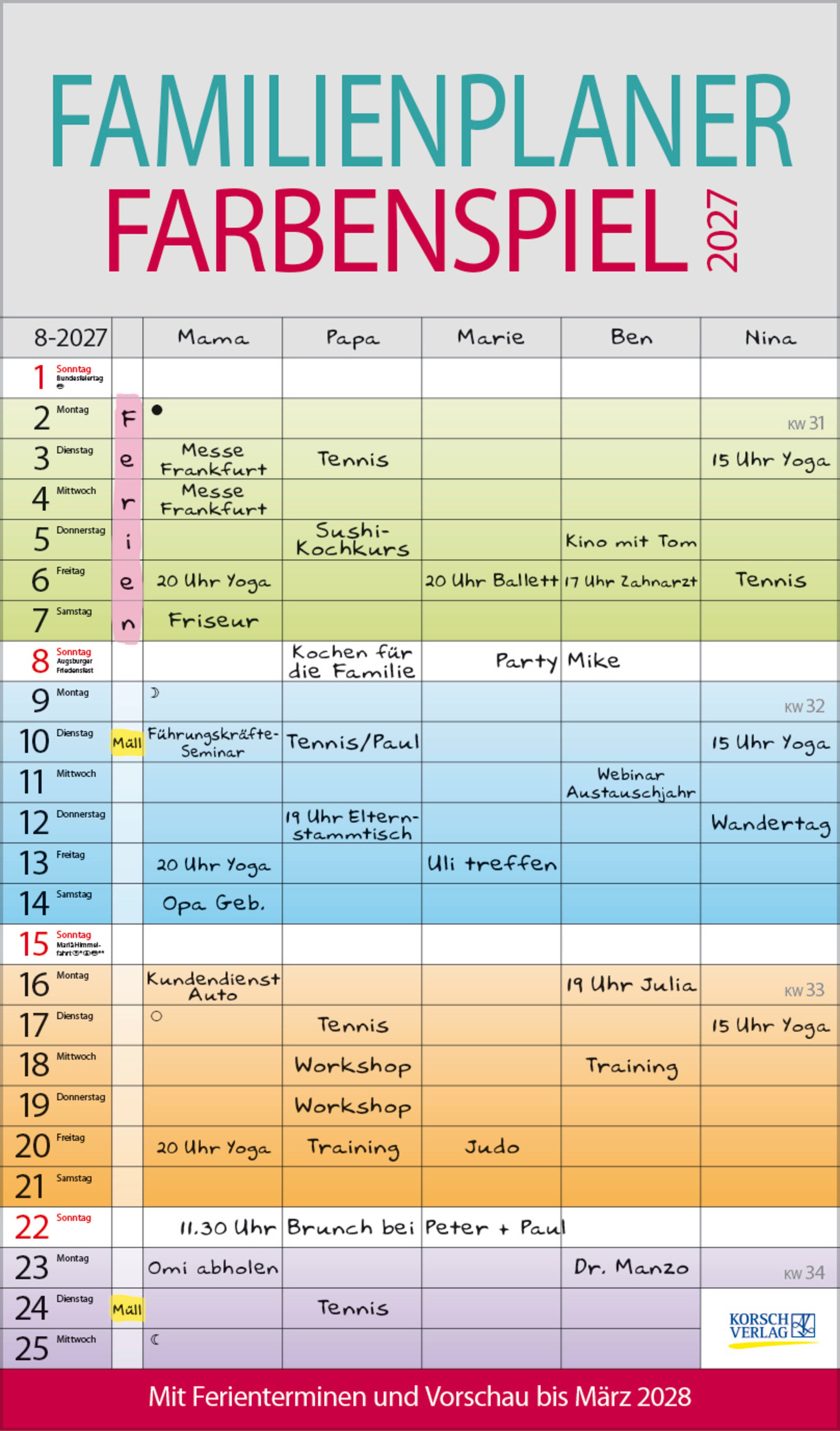 Korsch Verlag Familienkalender Familienplaner Farbenspiel 27x46