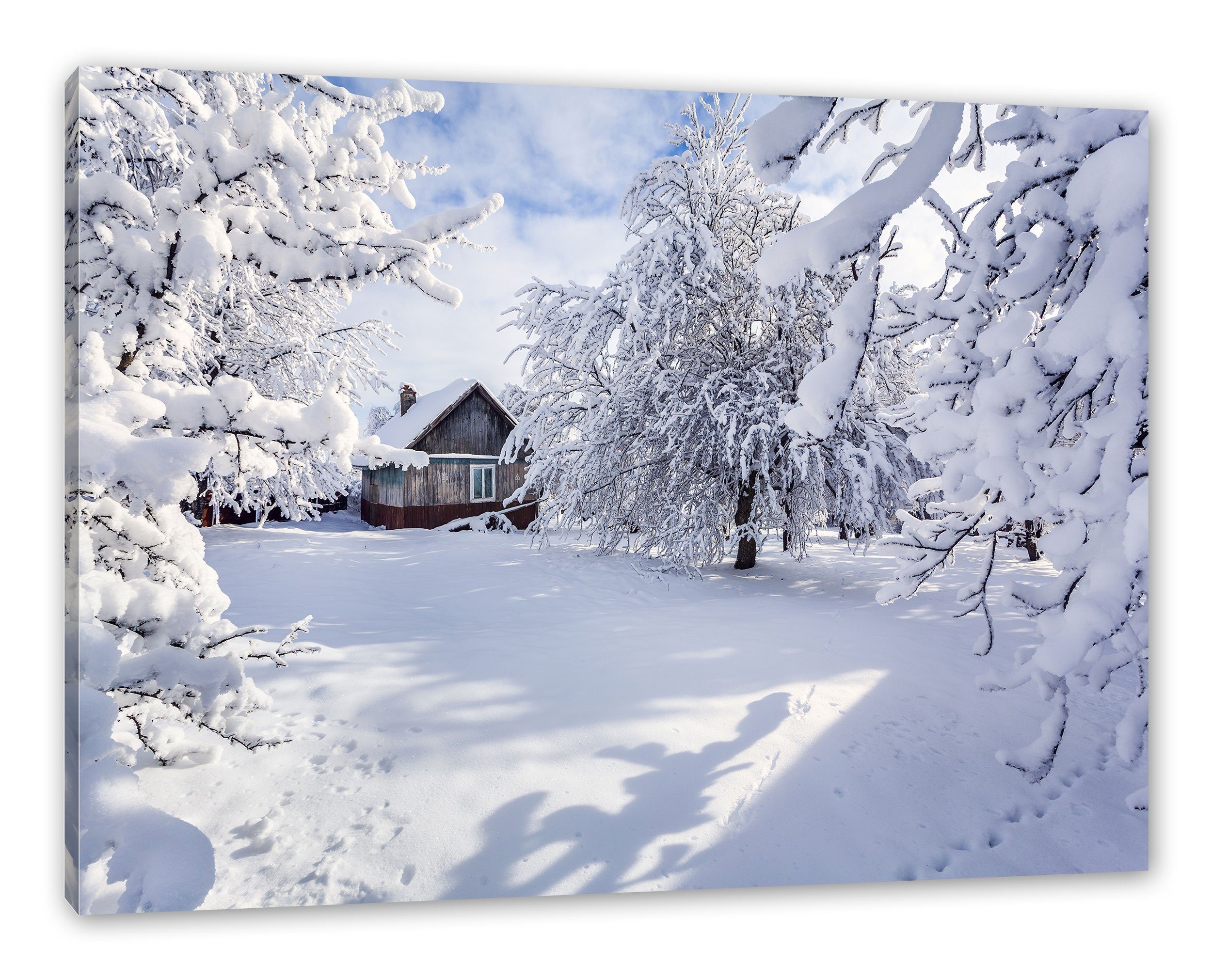 Pixxprint Leinwandbild Winterlandschaft mit Hütte, Winterlandschaft günstig online kaufen
