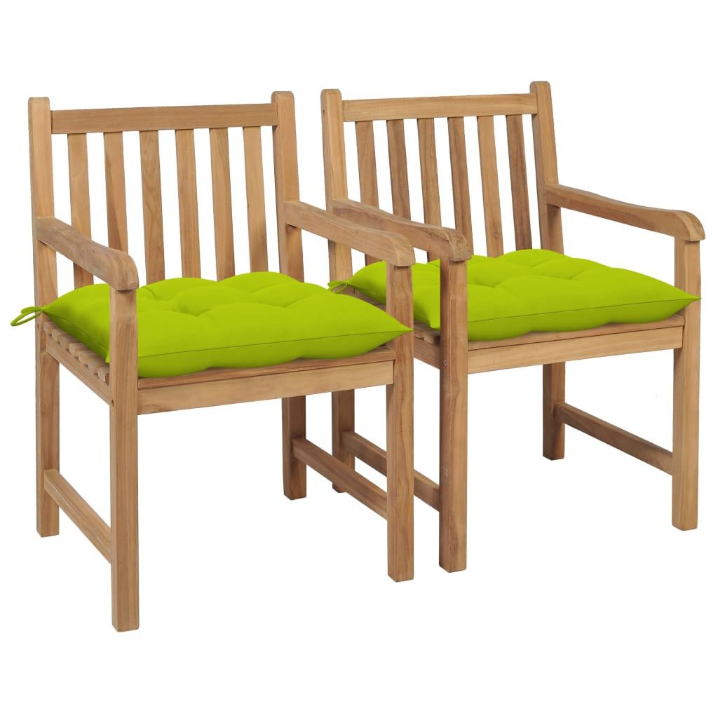 furnicato Gartenstuhl Gartenstuhl-Set aus Naturholz mit hellgrünen Kissen, 58x60x90 cm, Witterungsbeständige Sitzgruppe mit Polstern für den Landhausgarten